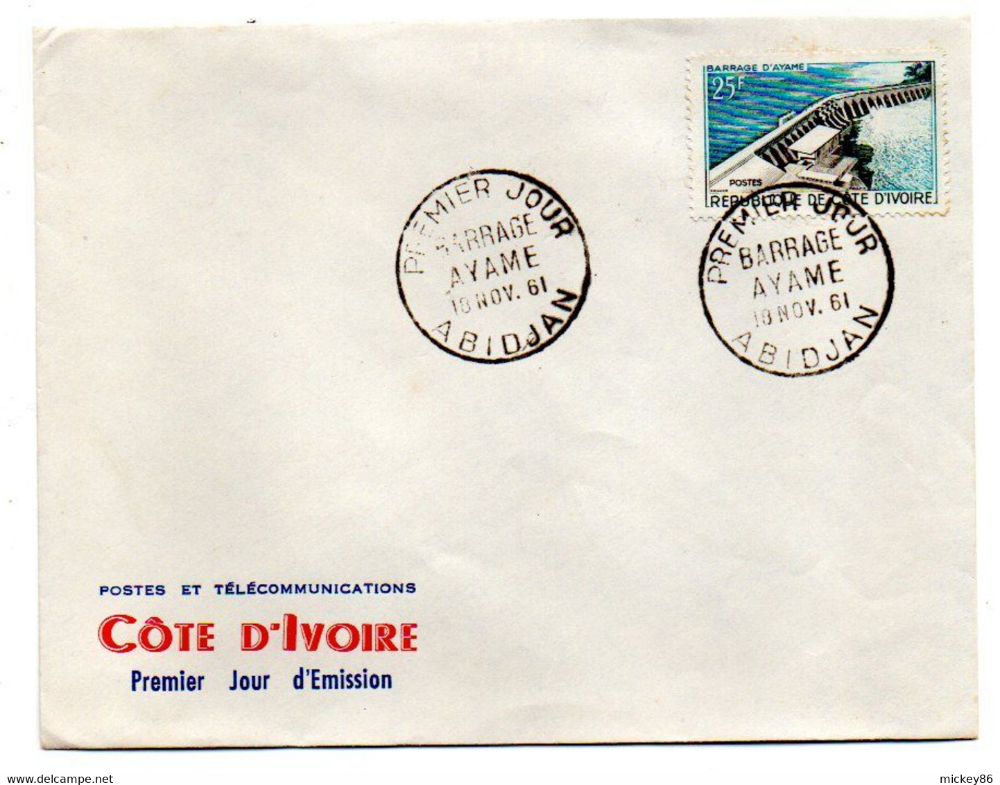 Côte D'Ivoire -- 1961 -- 1er Jour  " Barrage D'Ayamé " ......cachet  ABIDJAN....à Saisir - Ivory Coast (1960-...)