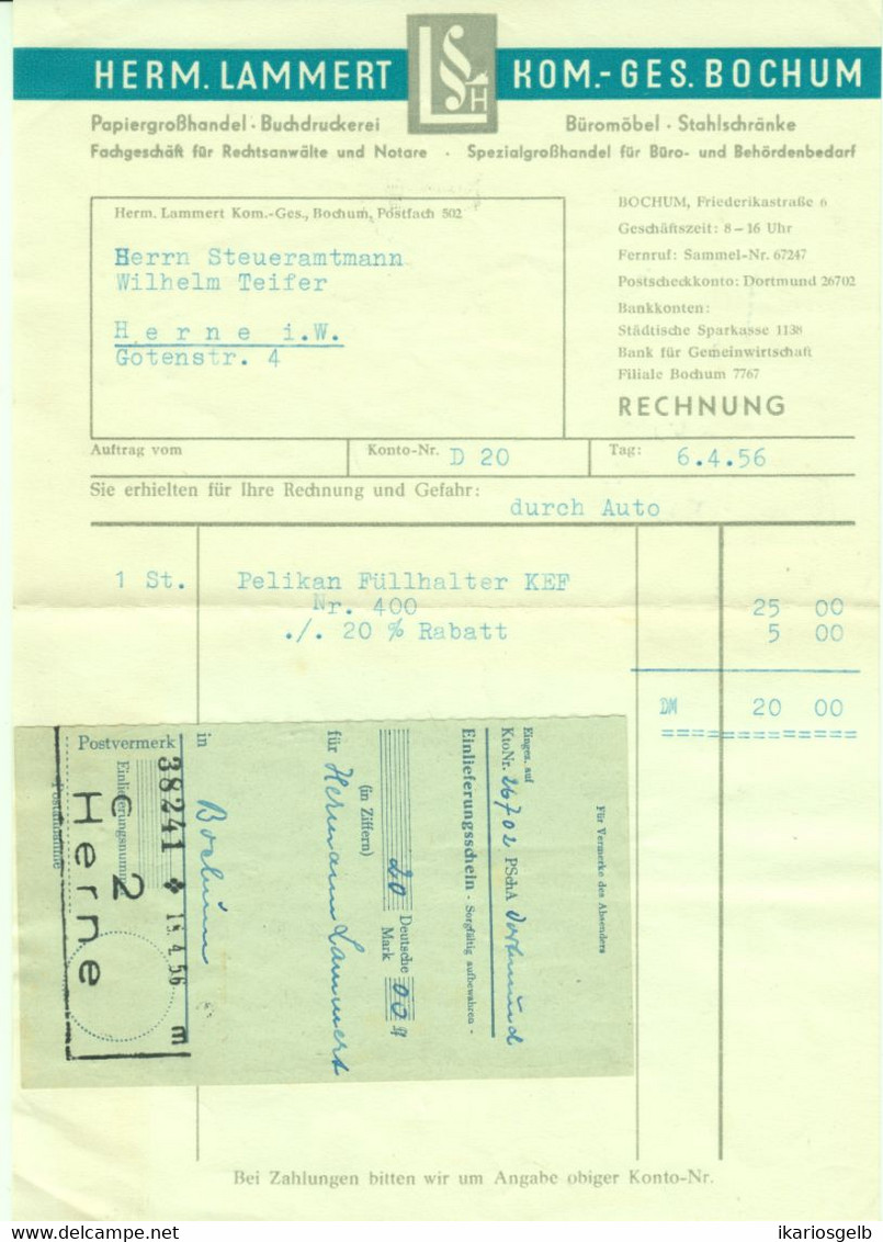 Bochum 1956 Deko Rechnung /Kopf " Herm.Lammert KG Papiergroßhandel Buchdruckerei Pp" - Stamperia & Cartoleria