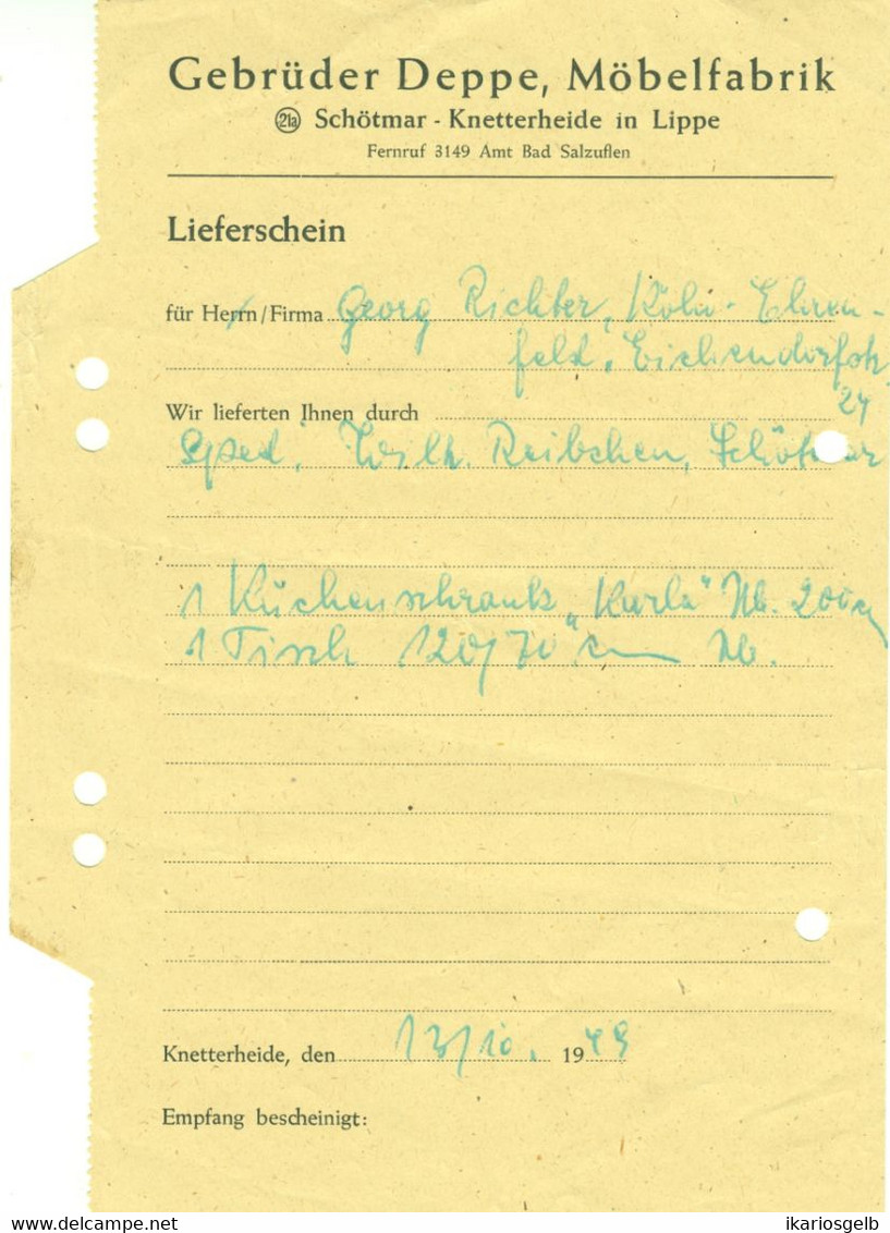 Knetterheide Bei Schötmar Salzuflen Lippe 1949 Rechnung " Gebrüder Deppe  Möbelfabrik " - Agricoltura