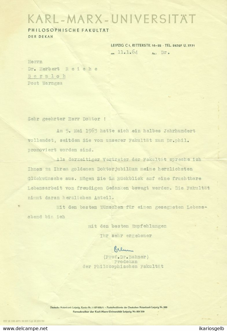 Leipzig 1964 DDR Rechnung /Kopf " Karl-Marx -Universität Phil.Fakultät Der Dekan Ritterstr.16-22 " - Other & Unclassified