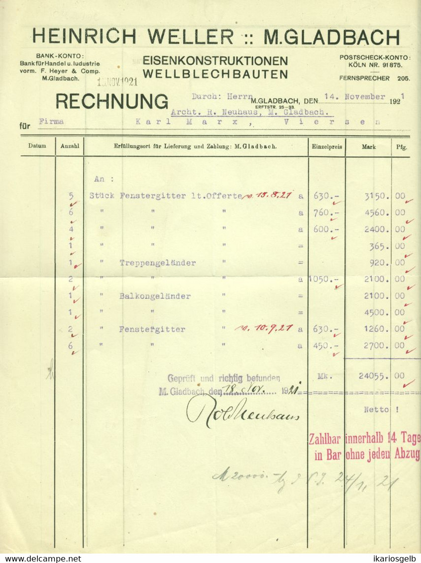 Mönchengladbach 1921 Rechnung " Heinrich Weller Eisenkonstruktionen Wellblechbauten " - Other & Unclassified