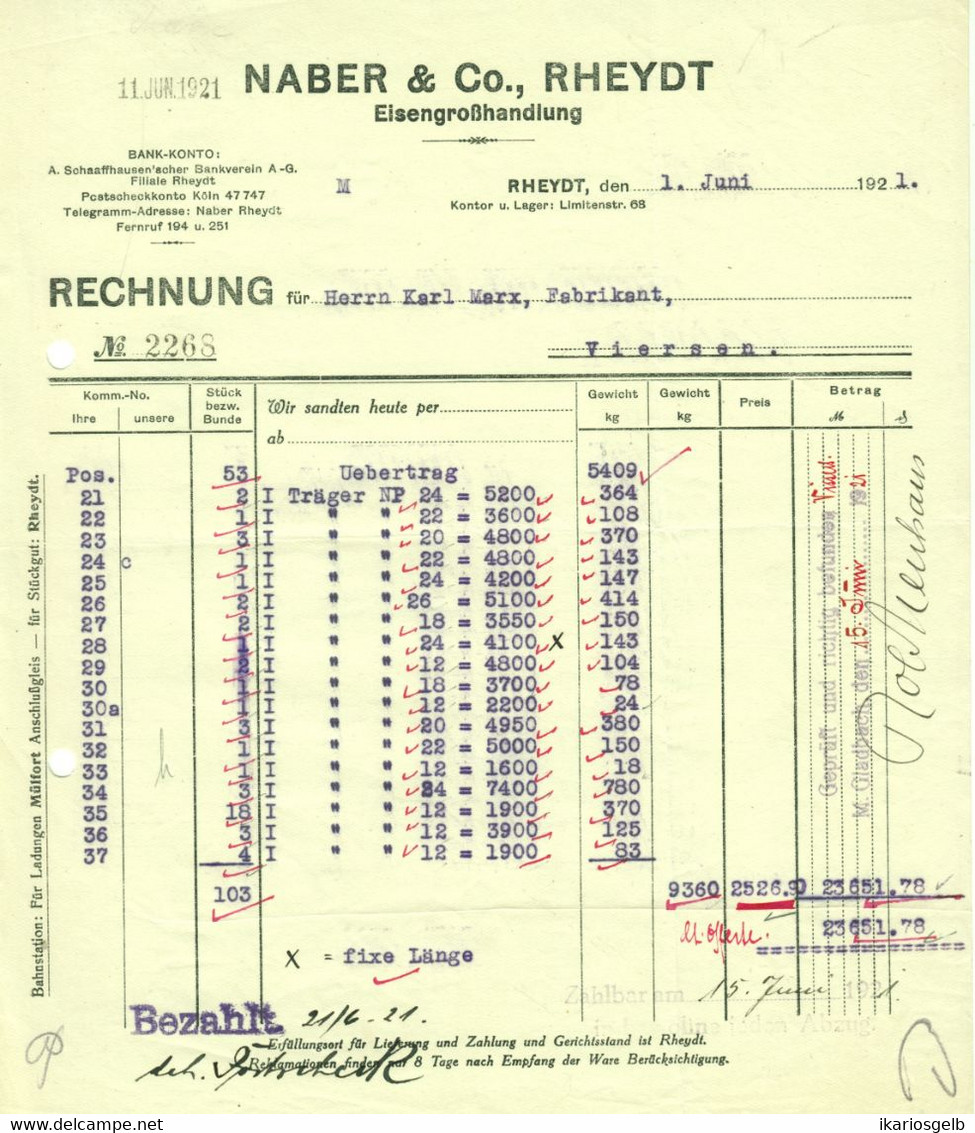 Rheydt Mönchengladbach 1921 Rechnung " Naber & Co Eisengroßhandlung " - Altri & Non Classificati