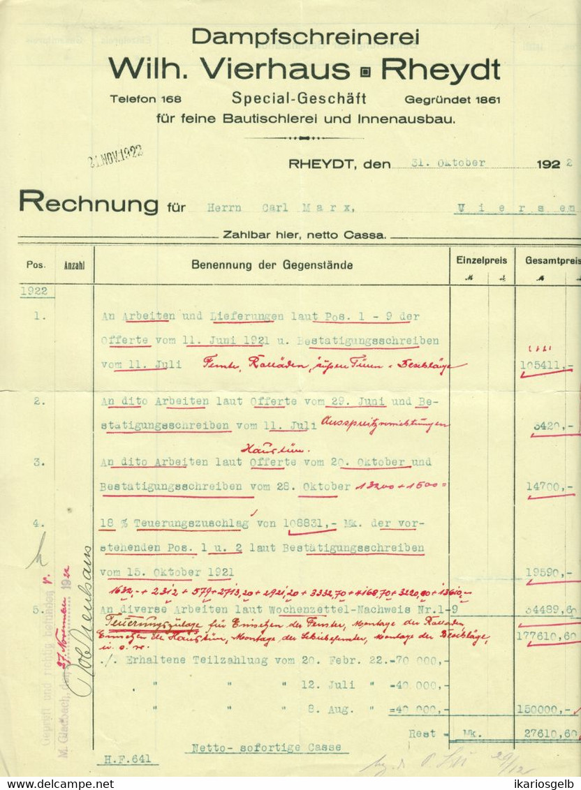Rheydt Mönchengladbach 1921 Rechnung " Wilh.Vierhaus Bautischlerei Innenausbau " - Andere & Zonder Classificatie
