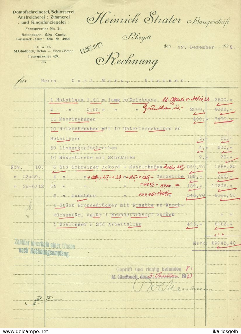 Rheydt Mönchengladbach 1922 Rechnung " Heinrich Strater Baugeschäft Ziegelei Schreinerei Pp " - Andere & Zonder Classificatie