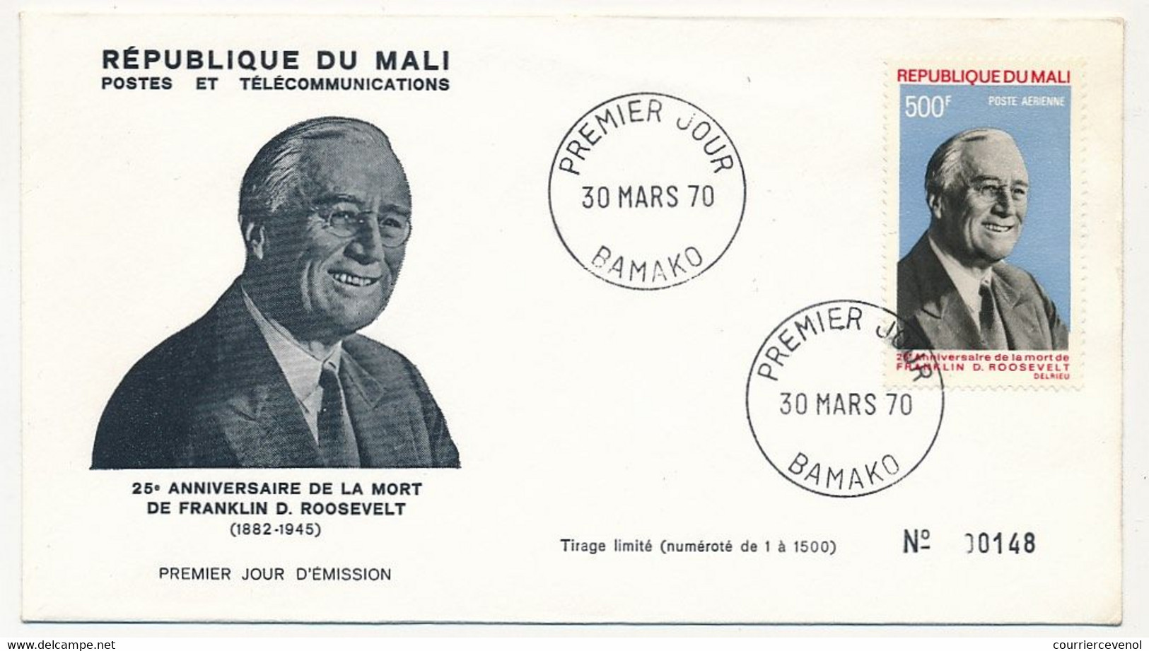 MALI => FDC => 500F Franklin D. ROOSEVELT - Bamako - 30 Mars 1970 - Malí (1959-...)