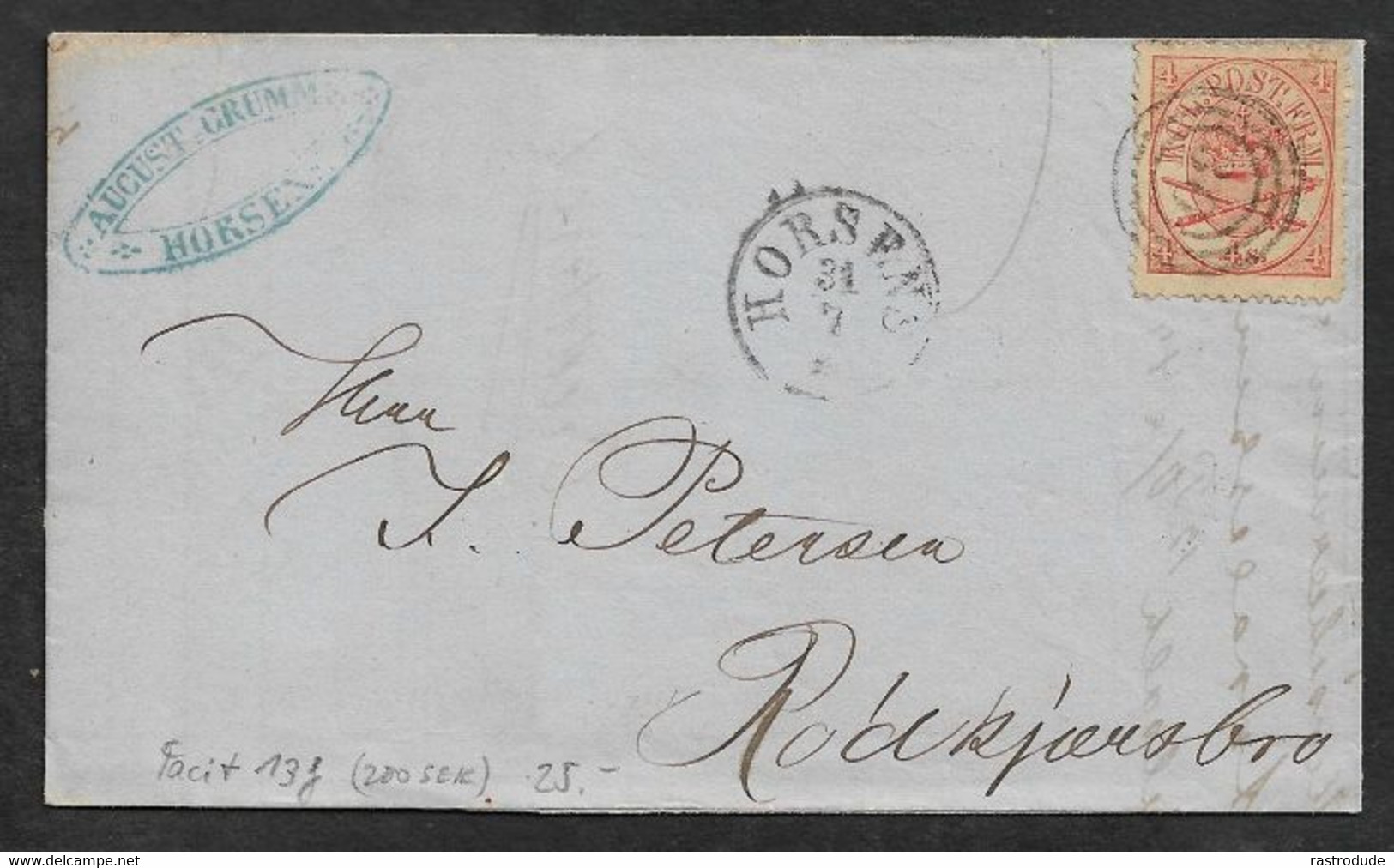 1869 30 JULI - COVER  DENMARK DANEMARK - 4s. Fa. 13g, Three Ring Cancel 30 HORSEN - Facit 13g - Briefe U. Dokumente