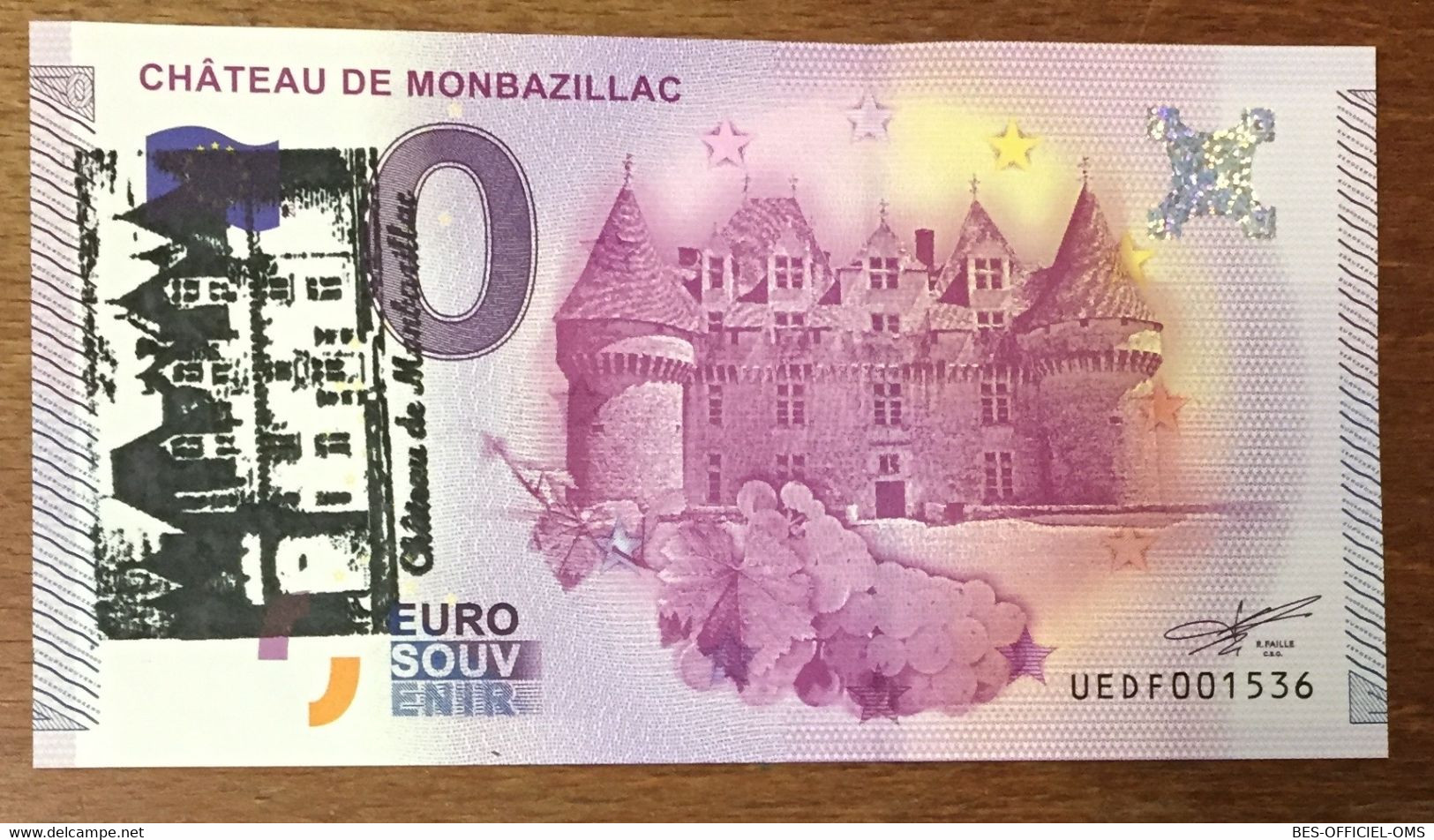 2015 BILLET 0 EURO SOUVENIR DPT 24 CHÂTEAU DE MONBAZILLAC + TAMPON ZERO 0 EURO SCHEIN BANKNOTE PAPER MONEY - Essais Privés / Non-officiels