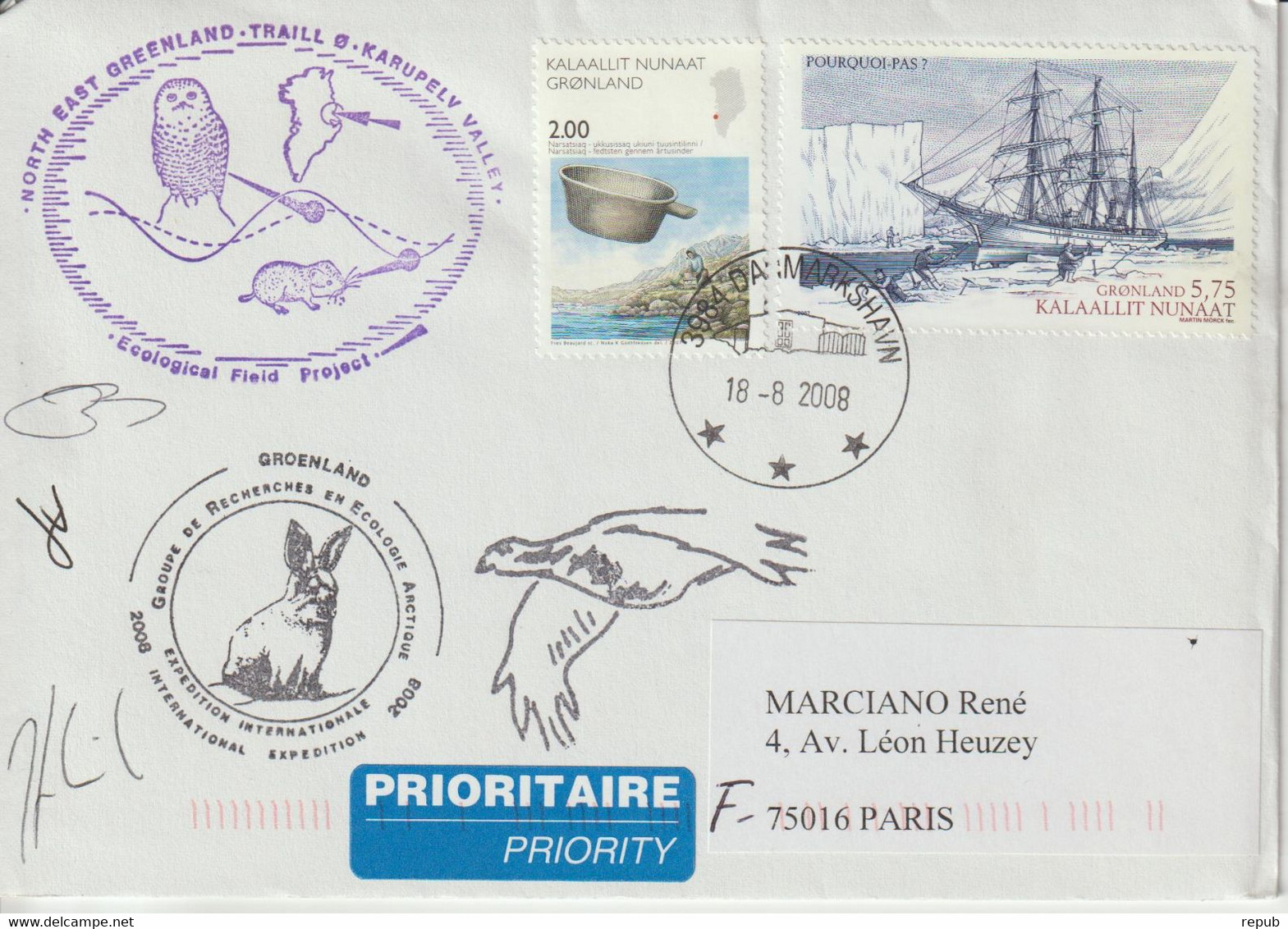 Groenland Lettre 2008 Pour La France Avec Cachet Groupe De Recherche En écologie Arctique - Covers & Documents