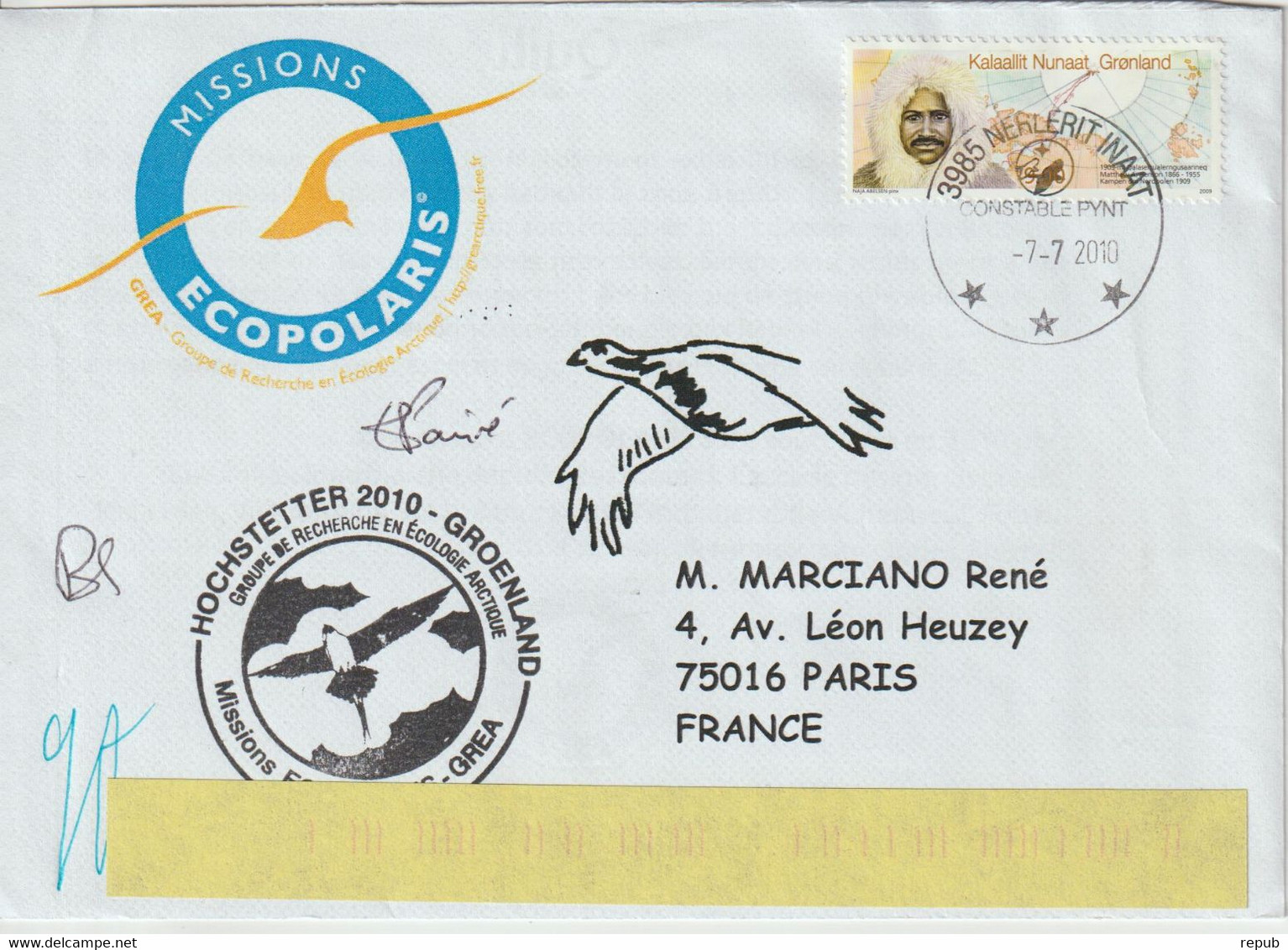 Groenland Lettre 2010 Pour La France Avec Cachet Groupe De Recherche En écologie Arctique - Lettres & Documents