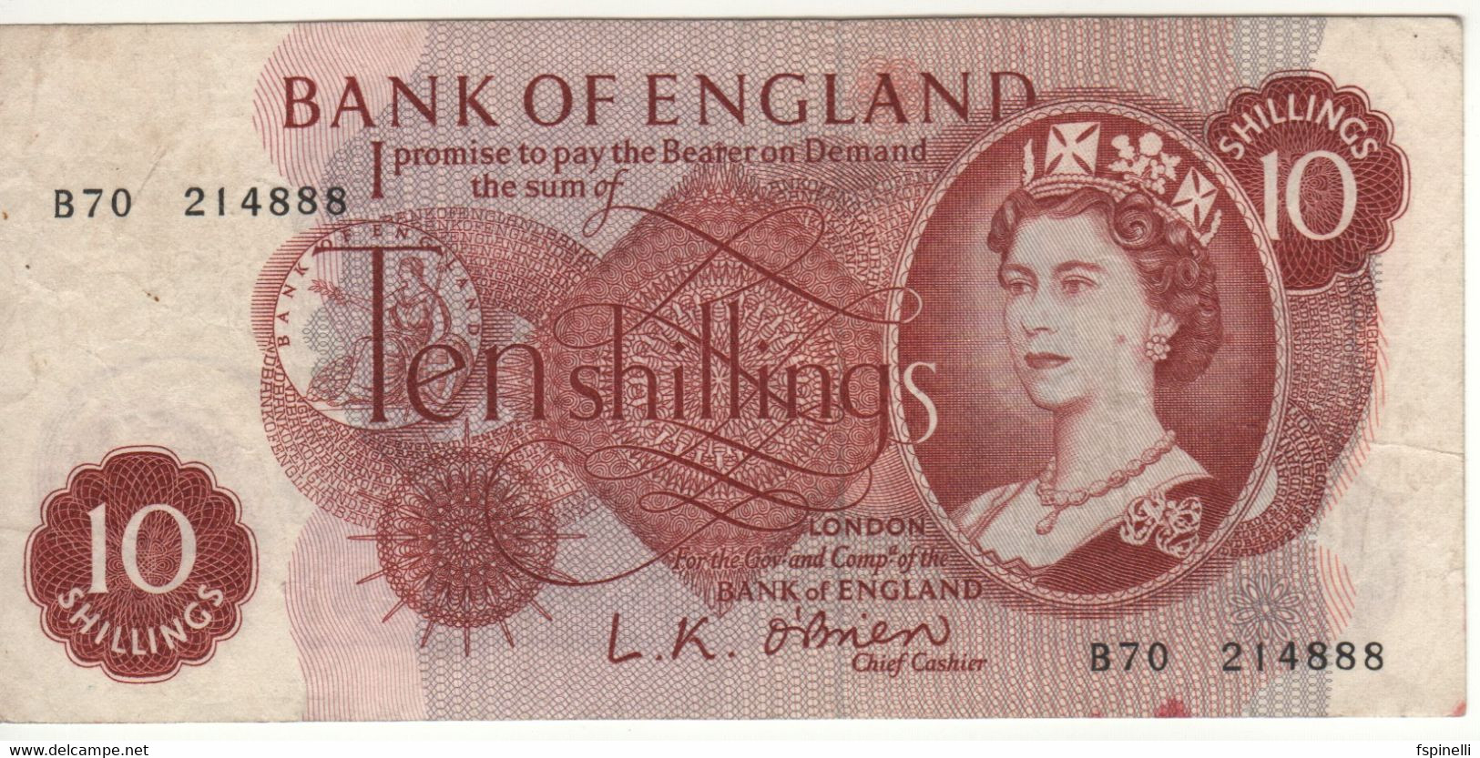 ENGLAND.   10  Shillings    P373a    ( Queen Elizabeth II  -  Sign. L. K.O'Brien     1960  ) - 10 Shillings