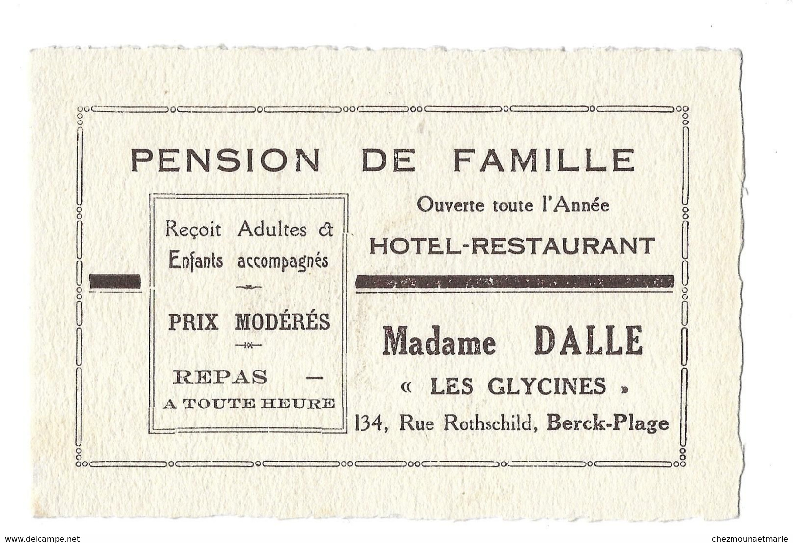 PENSION DE FAMILLE MADAME DALLE LES GLYCINES BERCK PLAGE - CARTE DE VISITE - Visitekaartjes