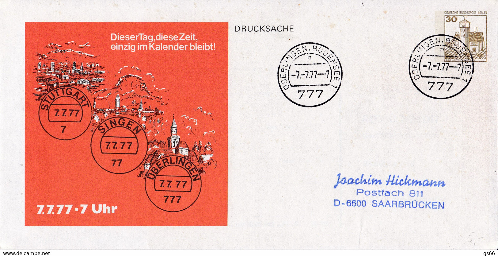 Berlin, PU, BuSchl. 30,  777 Überlingen, Bodenseel, Datum 7.7.77--7 - Privatumschläge - Gebraucht