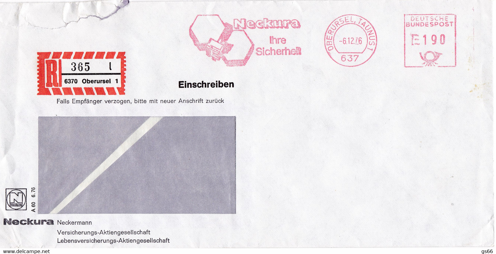 Eingedruckter R-Zettel,  6370 Oberursel 1,  Nr. 365 Ub " L ", Neckura Versicherung - R- & V- Labels