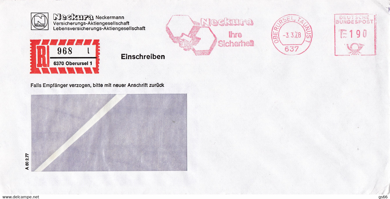 Eingedruckter R-Zettel,  6370 Oberursel 1,  Nr. 968 Ub " L ", Neckura Versicherung - R- & V- Labels