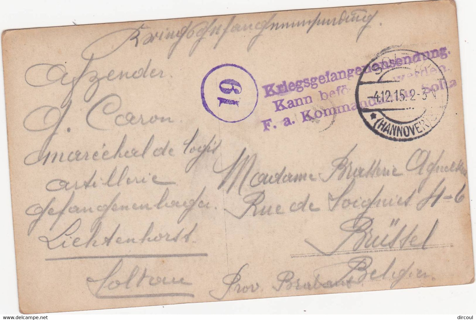 44219   - Prisonnier  Belge  à  Soltau  -  Cachet Censure - Guerra 1914-18