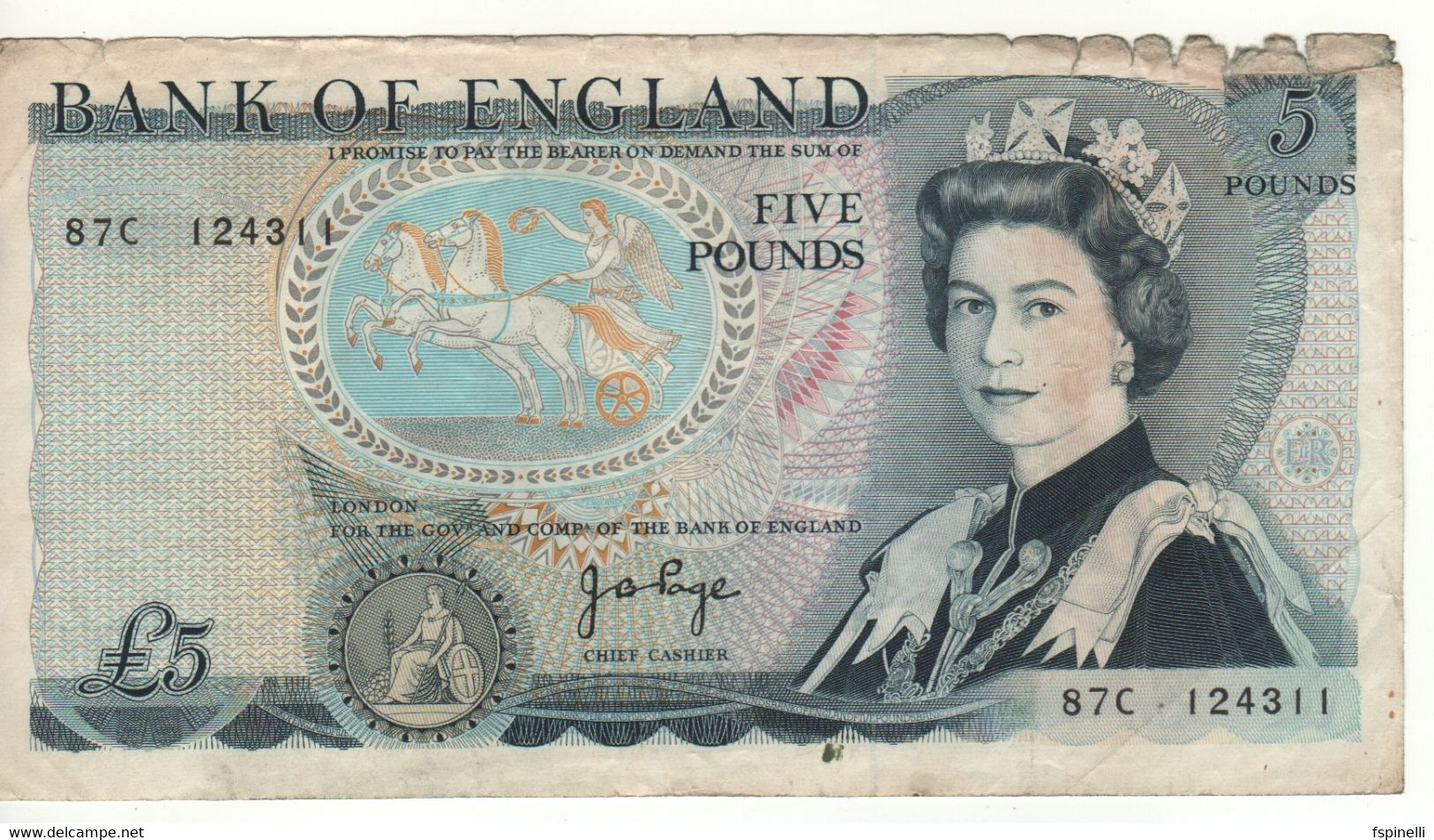 ENGLAND.   5 Pounds   P378b  (sign.  J.B. Page  1971   Queen Elizabeth II - Duke Of Wellington, Battle In Spain ) - 5 Pounds