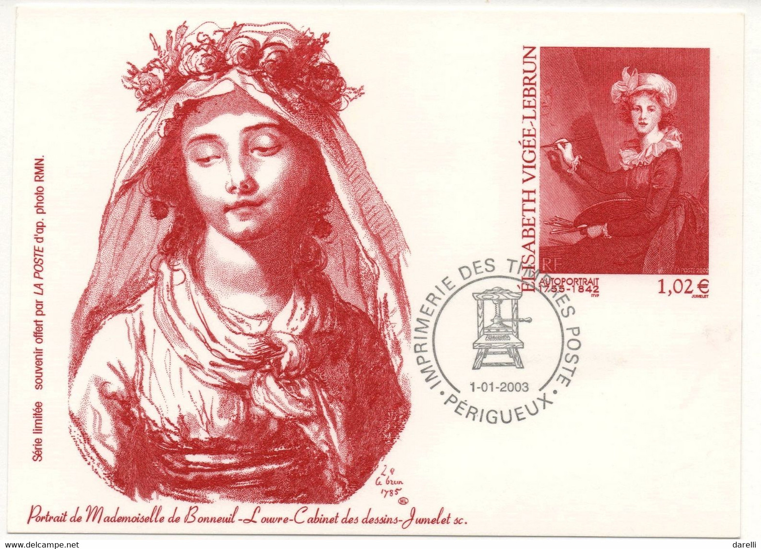 Pseudo-entier Postal 2003 Elisabeth Vignée Lebrun Portrait De Mademoiselle De Bonneuil YT 3526 Du 0/01/2003 - Official Stationery