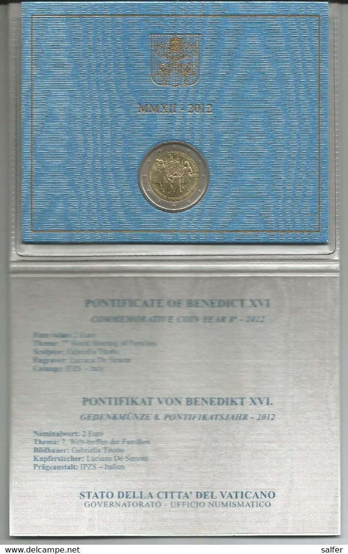 VATICANO VATIKAN  2012  VII INCONTRO MONDIALE DELLE FAMIGLIE  2 Euro In Folder Originale FDC - Vatikan