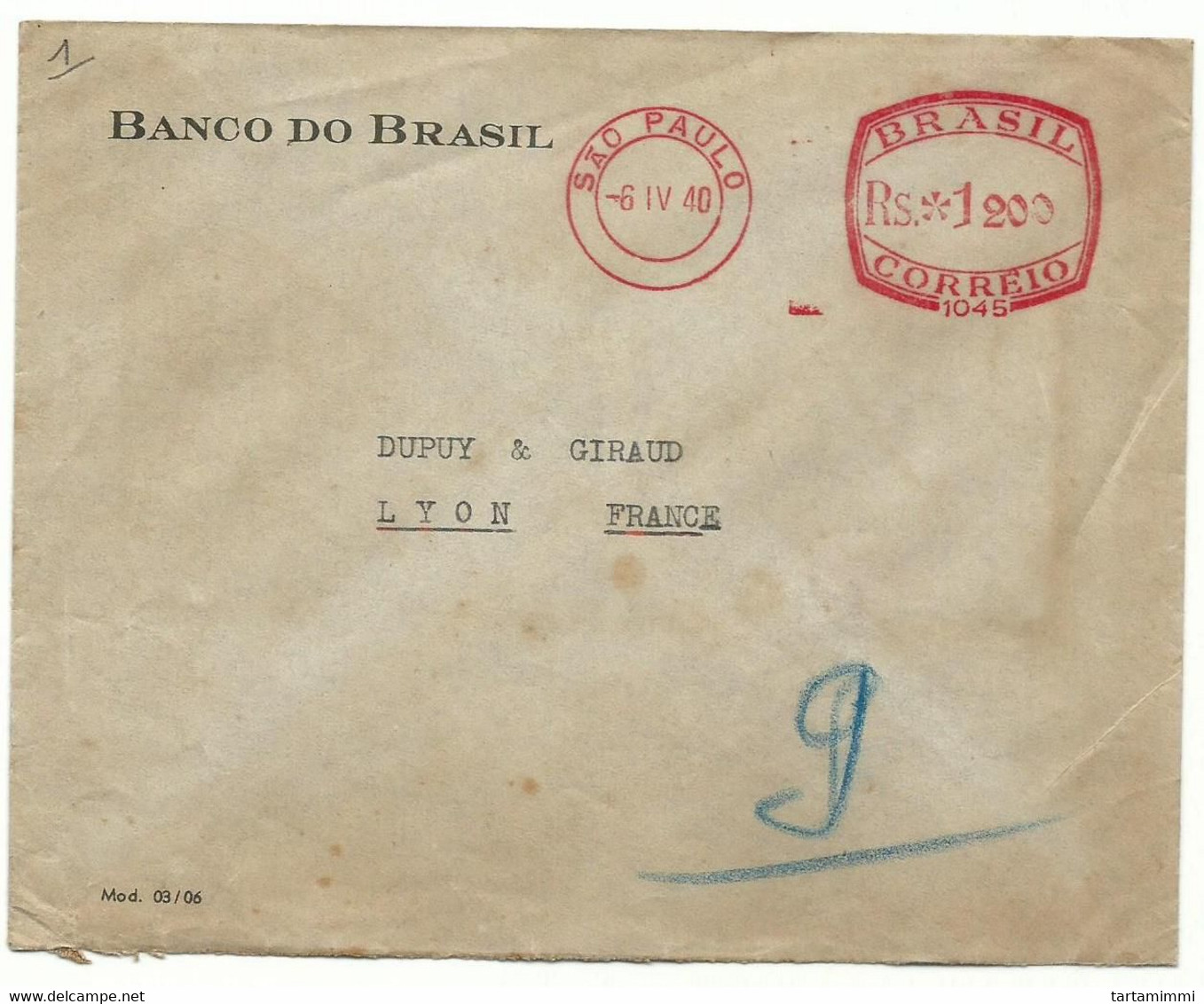 EMA METER STAMP FREISTEMPEL TYPE C3 BRASIL BRAZIL SAO PAOLO 1940 BANCO DO BRASIL - Franking Labels