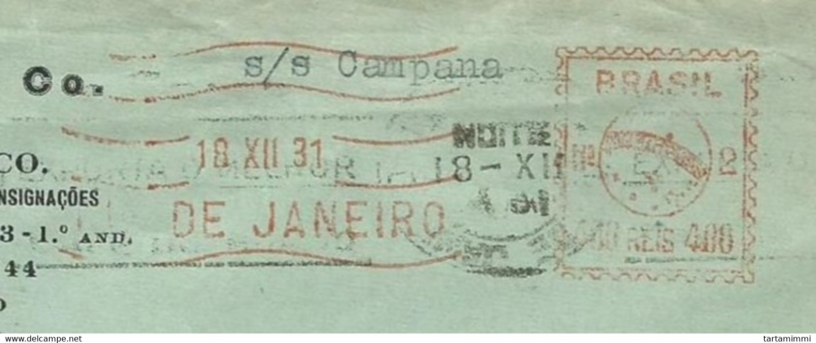 EMA METER STAMP FREISTEMPEL TYPE B1A BRASIL BRAZIL RIO DE JANEIRO 1931 BONESCHI S/S CAMPANA TO FRANCE - Viñetas De Franqueo (Frama)