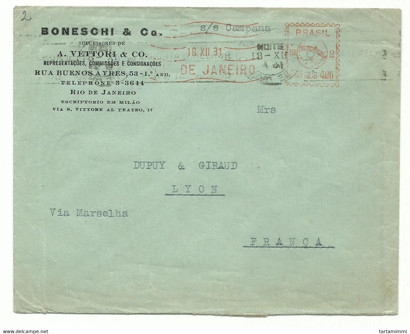 EMA METER STAMP FREISTEMPEL TYPE B1A BRASIL BRAZIL RIO DE JANEIRO 1931 BONESCHI S/S CAMPANA TO FRANCE - Franking Labels