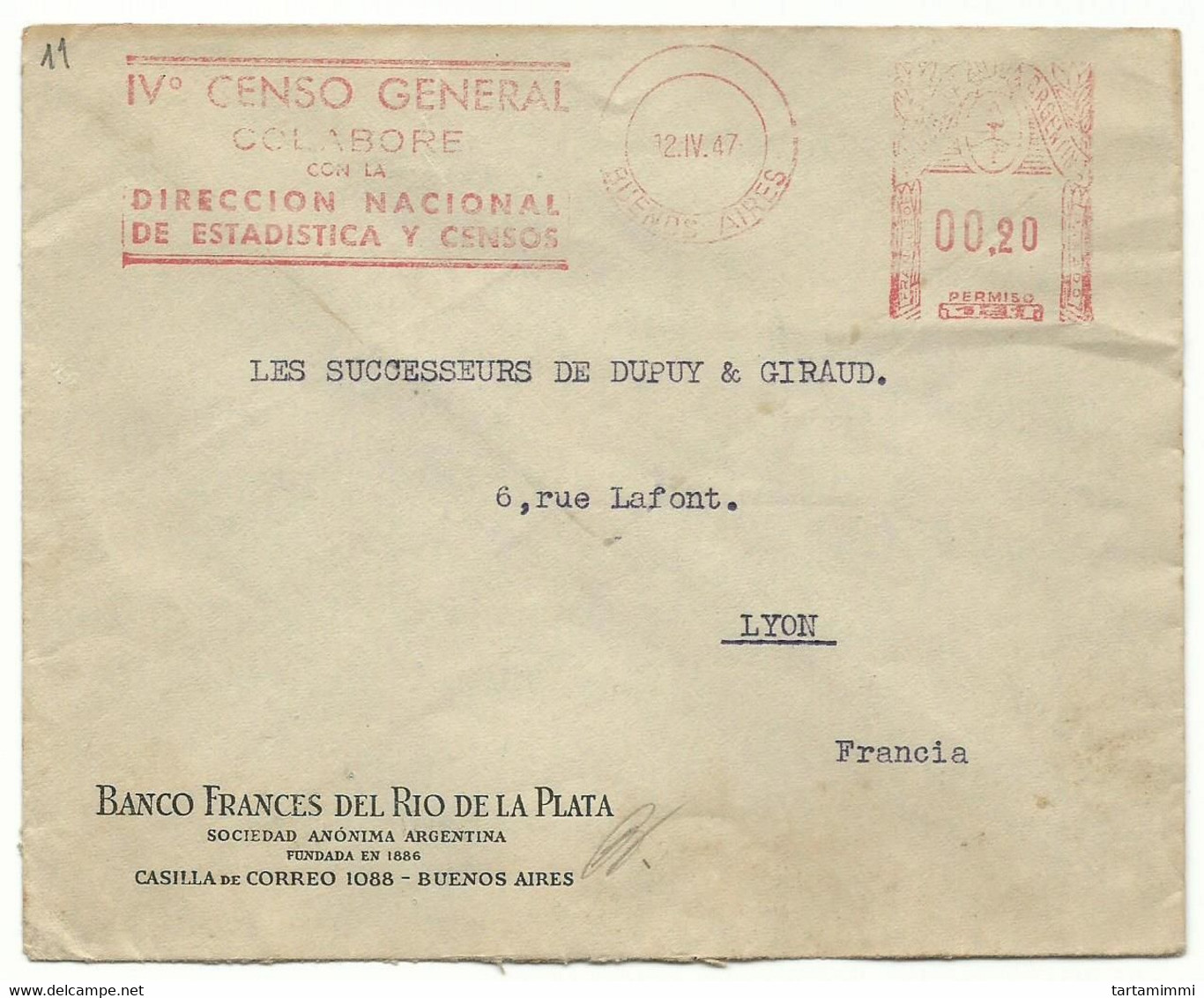 EMA METER STAMP FREISTEMPEL TYPE GA1 ARGENTINA BUENOS AIRES 1947 IV° CENSO GENERAL - Affrancature Meccaniche/Frama