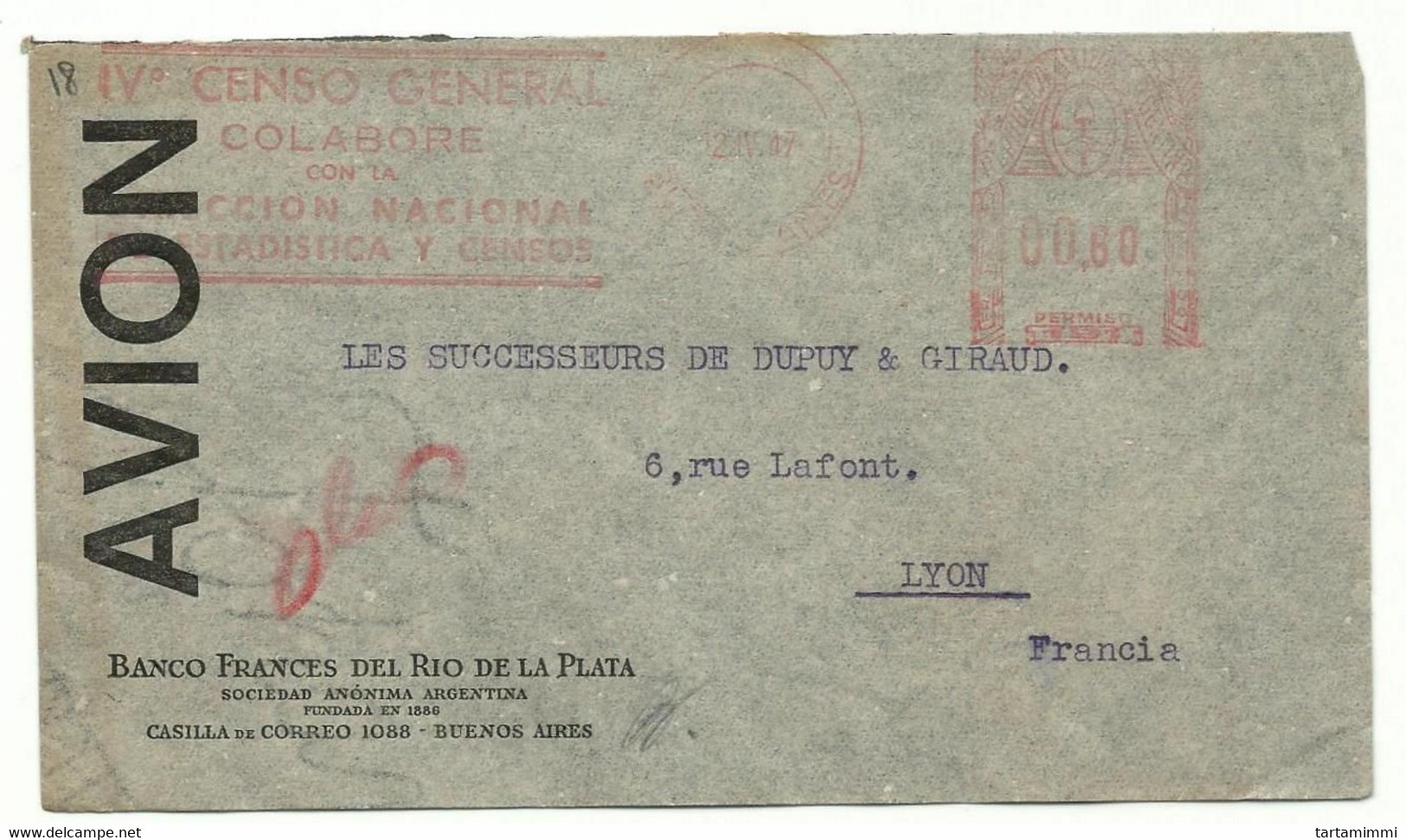EMA METER STAMP FREISTEMPEL TYPE GA1 ARGENTINA BUENOS AIRES 1947 IV° CENSO GENERAL - Automatenmarken (Frama)
