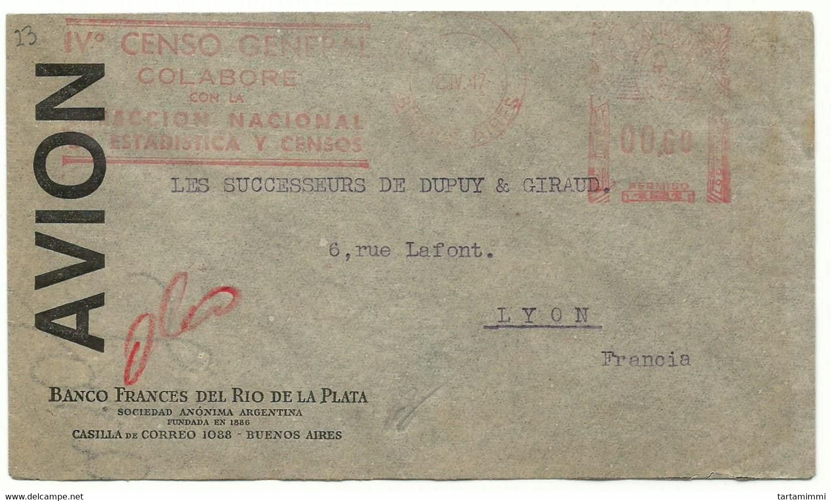 EMA METER STAMP FREISTEMPEL TYPE GA1 ARGENTINA BUENOS AIRES 1947 IV° CENSO GENERAL - Viñetas De Franqueo (Frama)