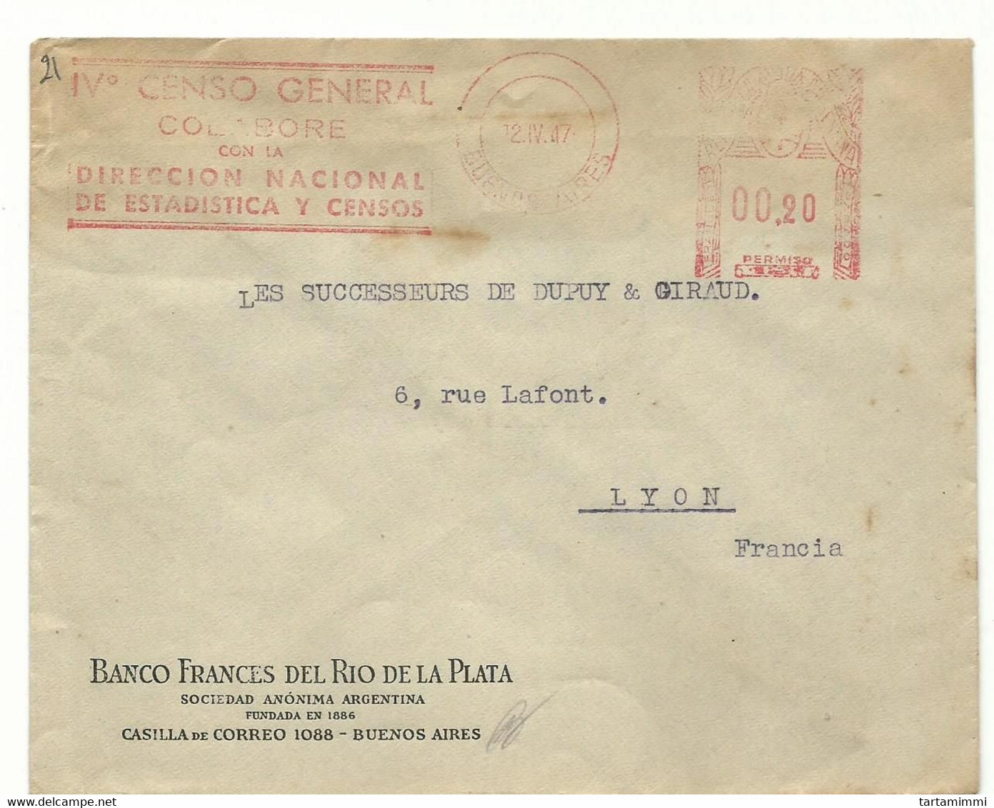 EMA METER STAMP FREISTEMPEL TYPE GA1 ARGENTINA BUENOS AIRES 1947 IV° CENSO GENERAL - Franking Labels