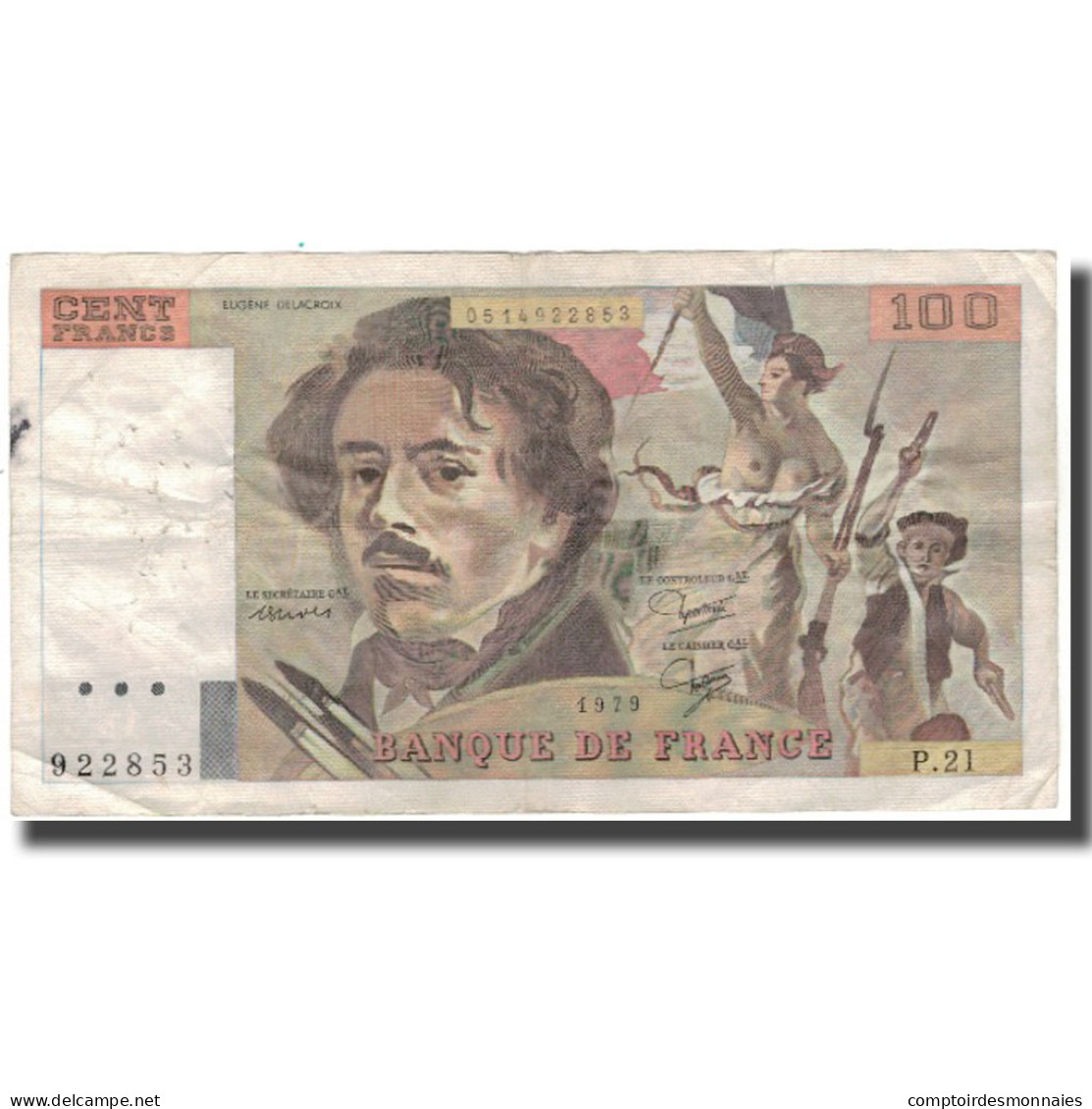 France, 100 Francs, Delacroix, 1979, B+, Fayette:69.3, KM:154b - 100 F 1978-1995 ''Delacroix''