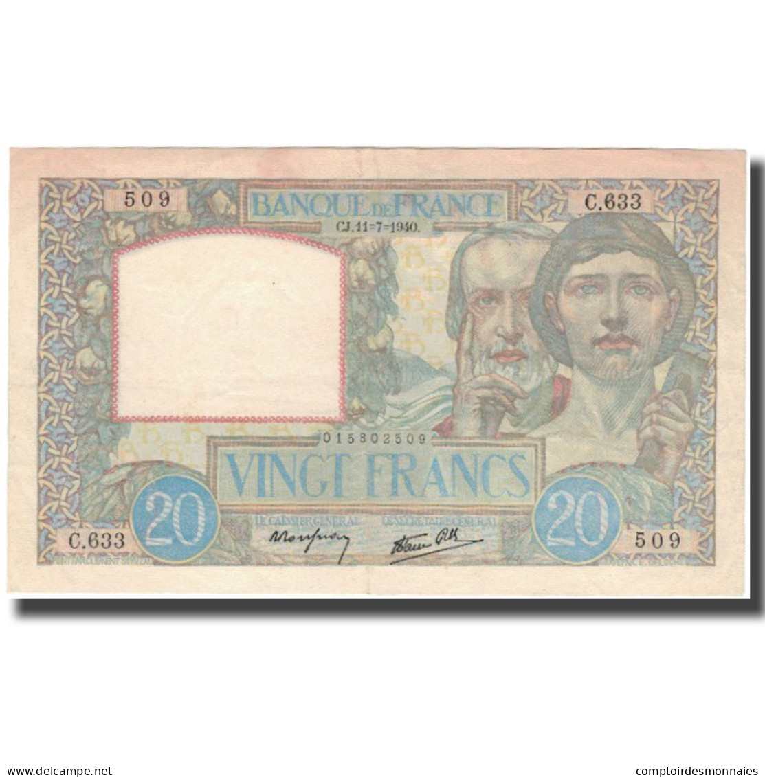 France, 20 Francs, Science Et Travail, 1940-07-11, TTB, Fayette:12.04, KM:92a - 20 F 1939-1942 ''Science Et Travail''