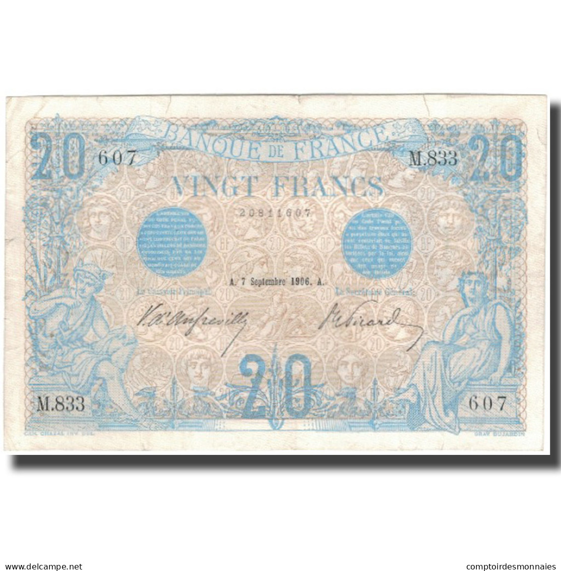 France, 20 Francs, Bleu, 1906-09-07, TB+, Fayette:10.1, KM:68a - 20 F 1905-1913 ''Bleu''