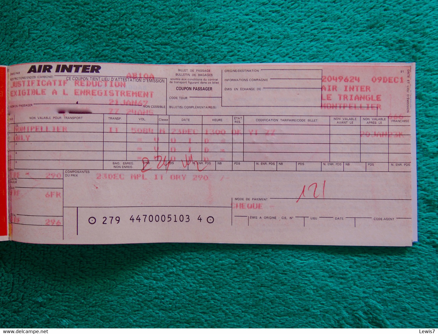 Ticket : AIR INTER Airlines - FRANCE - Tickets