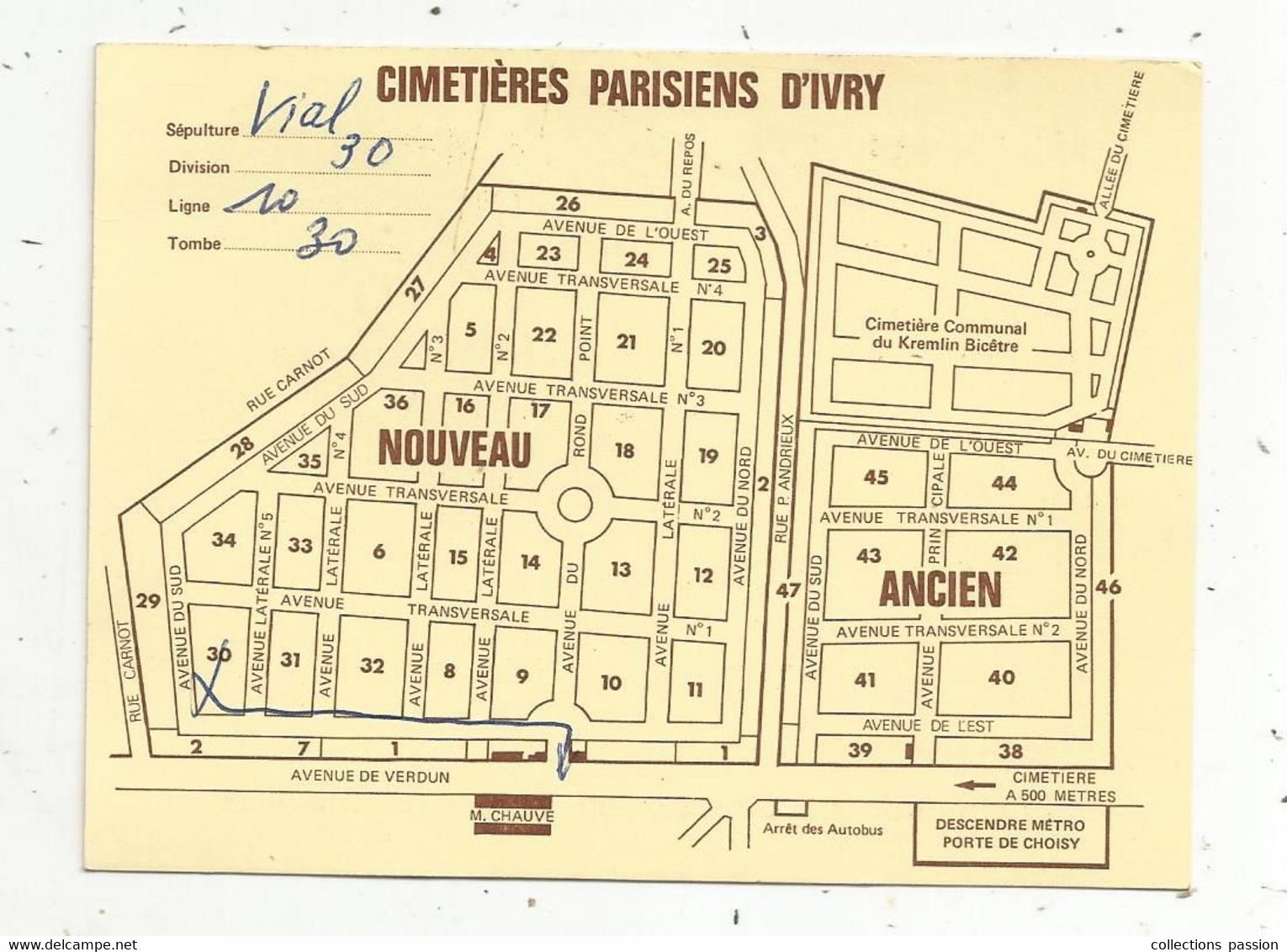 Carte De Visite , Entreprise Générale De Sépultures ,M. Chauve ,Ivry Sur Seine , Verso Plan Cimetières Parisiens D'Ivry - Cartes De Visite