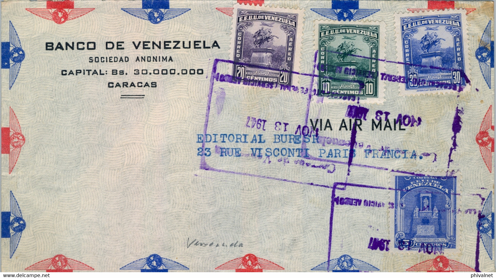 1947 VENEZUELA , SOBRE CIRCULADO ,  CARACAS - PARIS , BANCO DE VENEZUELA , CORREO AÉREO - Venezuela