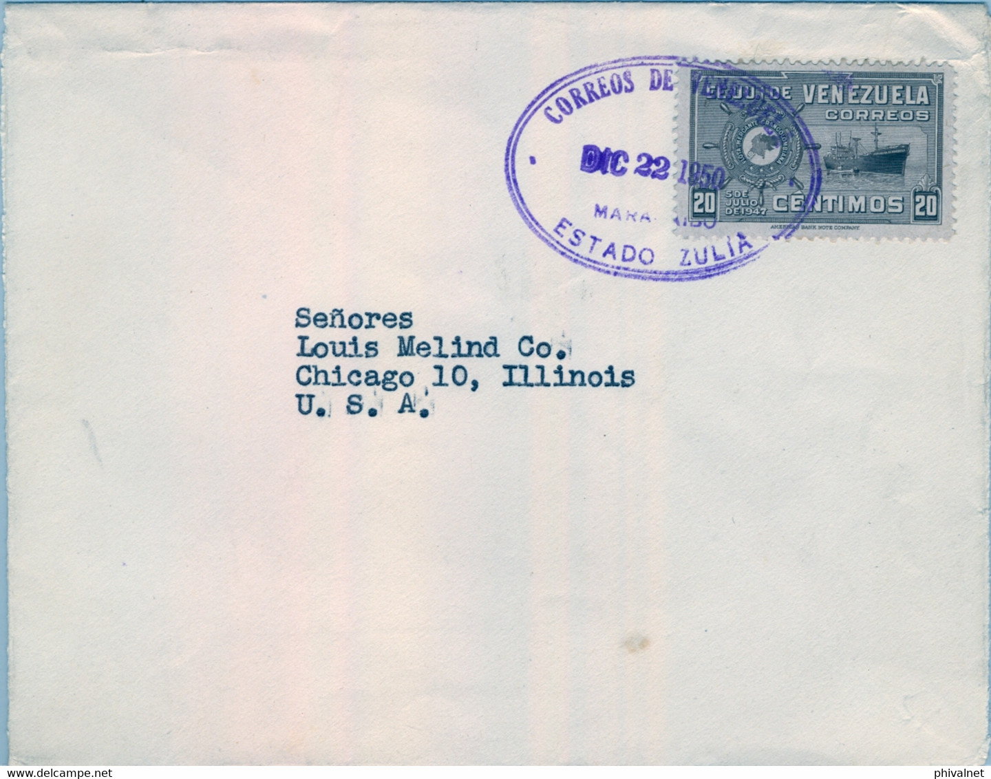 1950 VENEZUELA , SOBRE CIRCULADO ,  ESTADO ZULIA - ILLINOIS - Venezuela