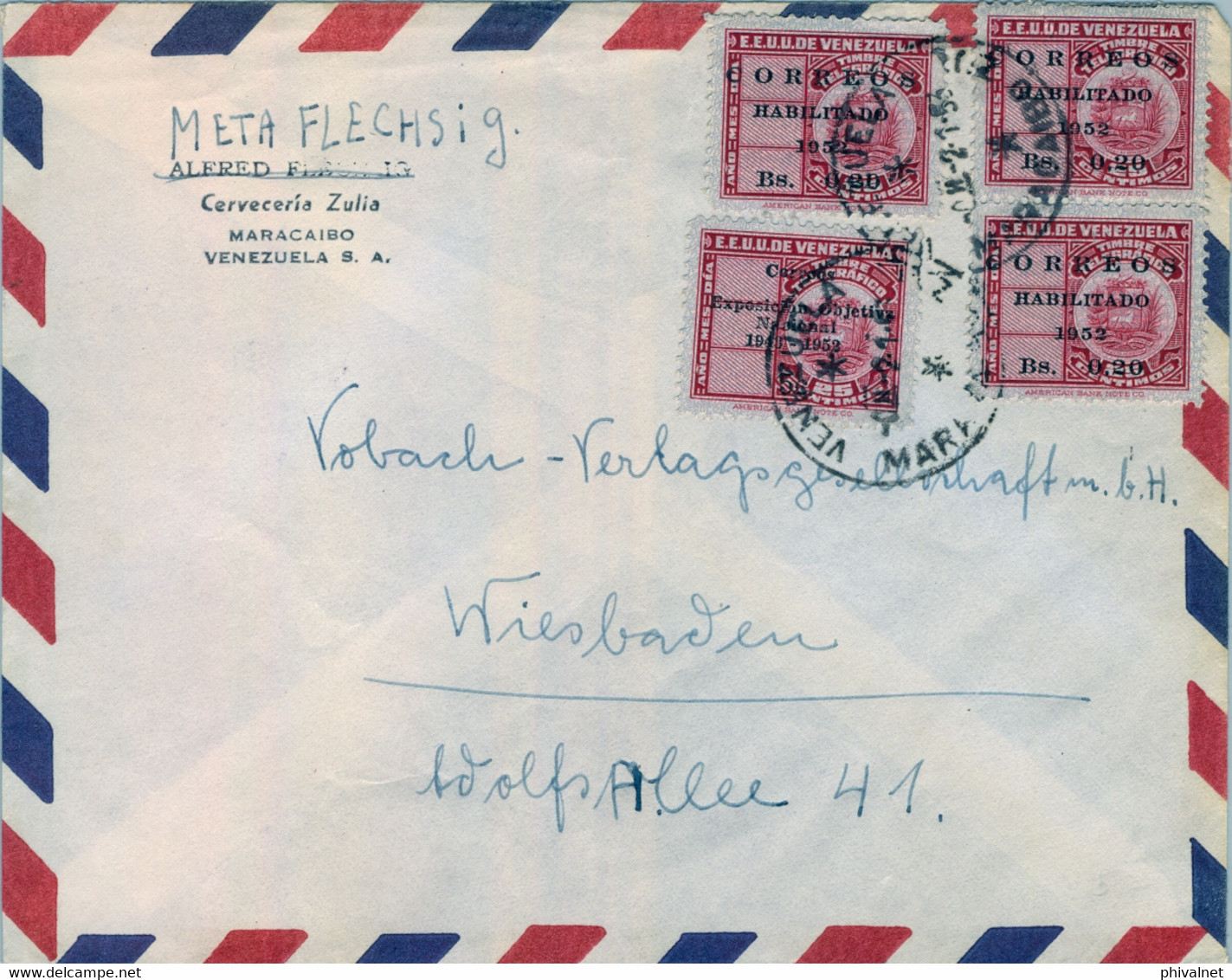 1953 VENEZUELA , SOBRE CIRCULADO , MARACAIBO - WIESBADEN , CORREO AÉREO - Venezuela