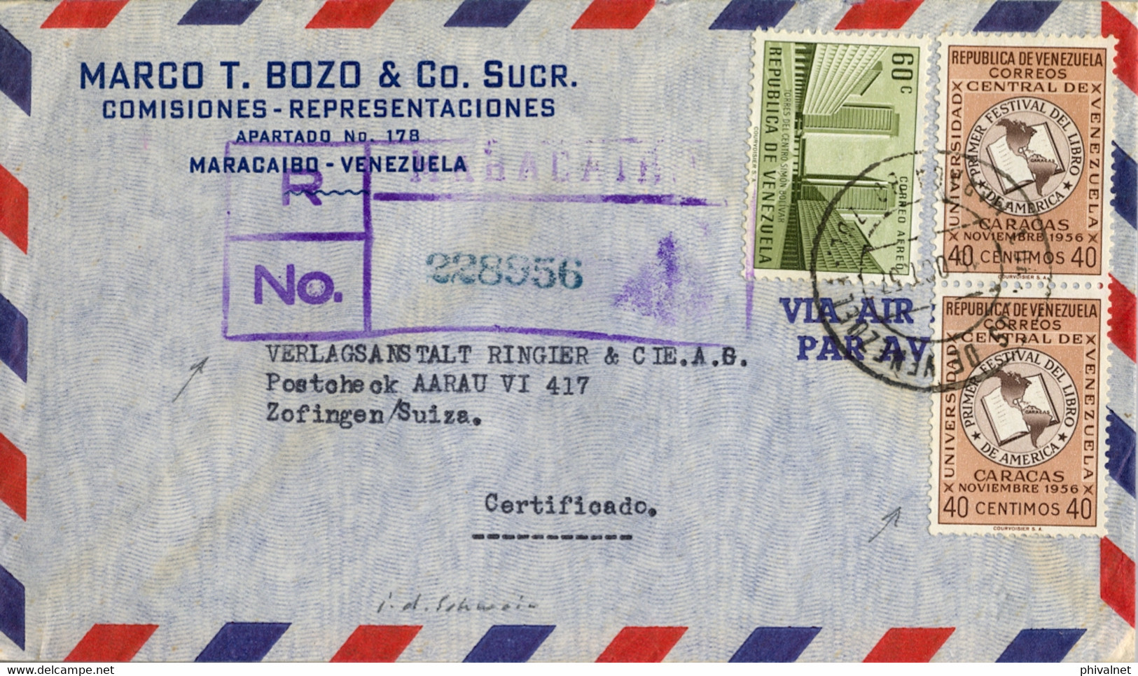 1957 VENEZUELA , SOBRE CERTIFICADO , MARACAIBO - ZOFINGEN , CORREO AÉREO - Venezuela