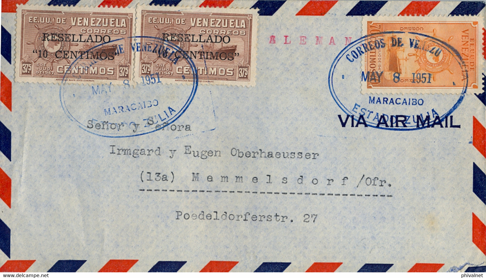 1951 VENEZUELA , SOBRE CIRCULADO , MARACAIBO - MEMMELSDORF , CORREO AÉREO - Venezuela