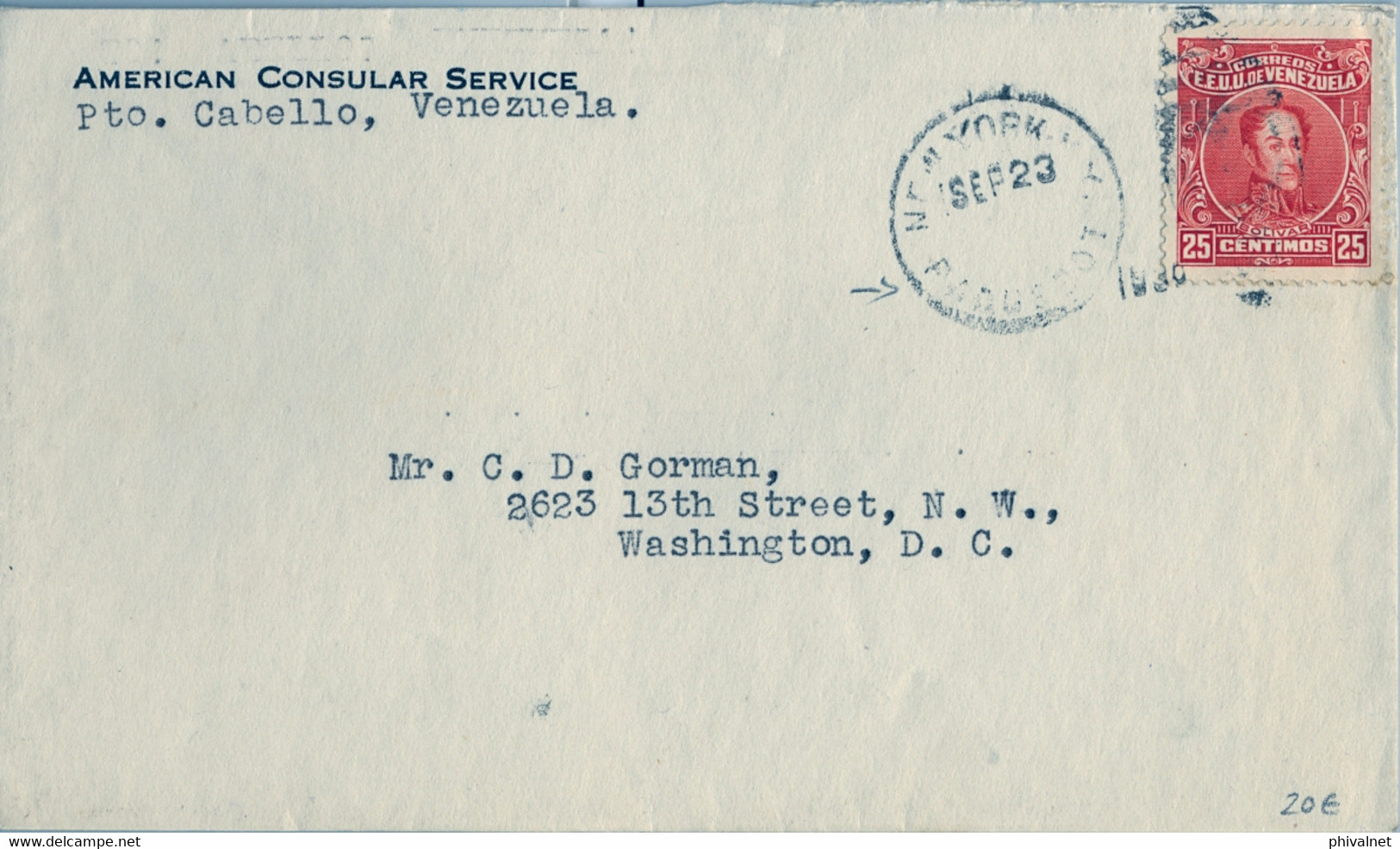 1930 , VENEZUELA , SOBRE CIRCULADO , AMERICAN CONSULAR SERVICE , PUERTO CABELLO - WASHINGTON , " NEW YORK / PAQUEBOT " - Venezuela