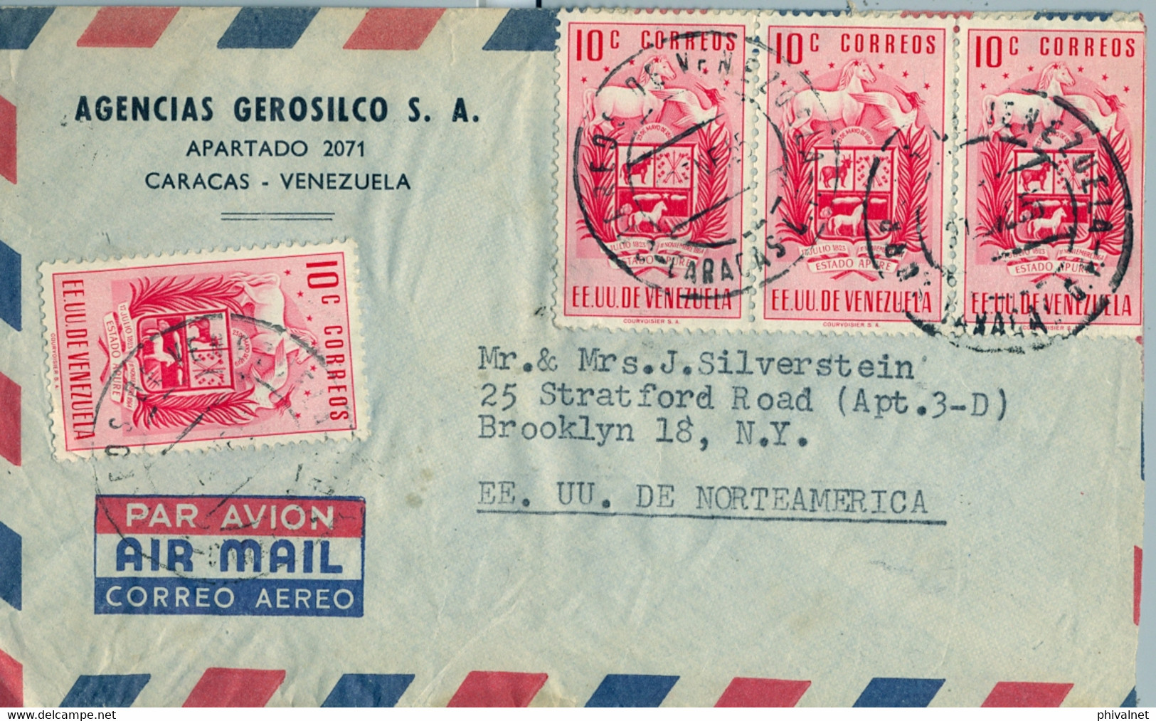 VENEZUELA , SOBRE CIRCULADO , CARACAS - NUEVA YORK , CORREO AÉREO , FR. ESCUDOS , ESTADO APURE - Venezuela