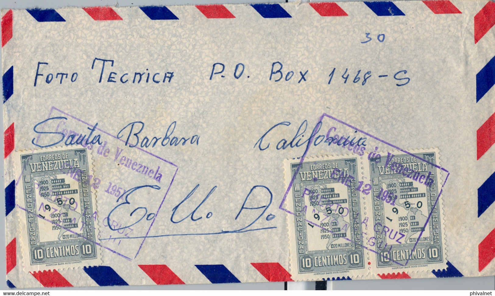 1951  VENEZUELA , SOBRE CIRCULADO , PUERTO LA CRUZ / ANZOATEGUI - SANTA BÁRBARA , CORREO AÉREO - Venezuela