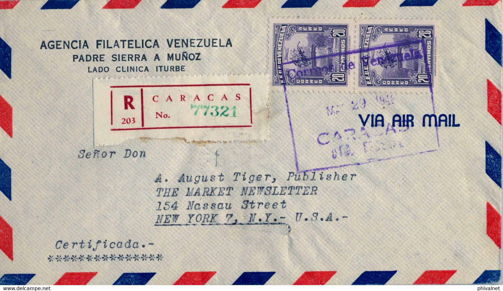 1948 VENEZUELA , SOBRE CERTIFICADO , CARACAS - NUEVA YORK , LLEGADA AL DORSO - Venezuela