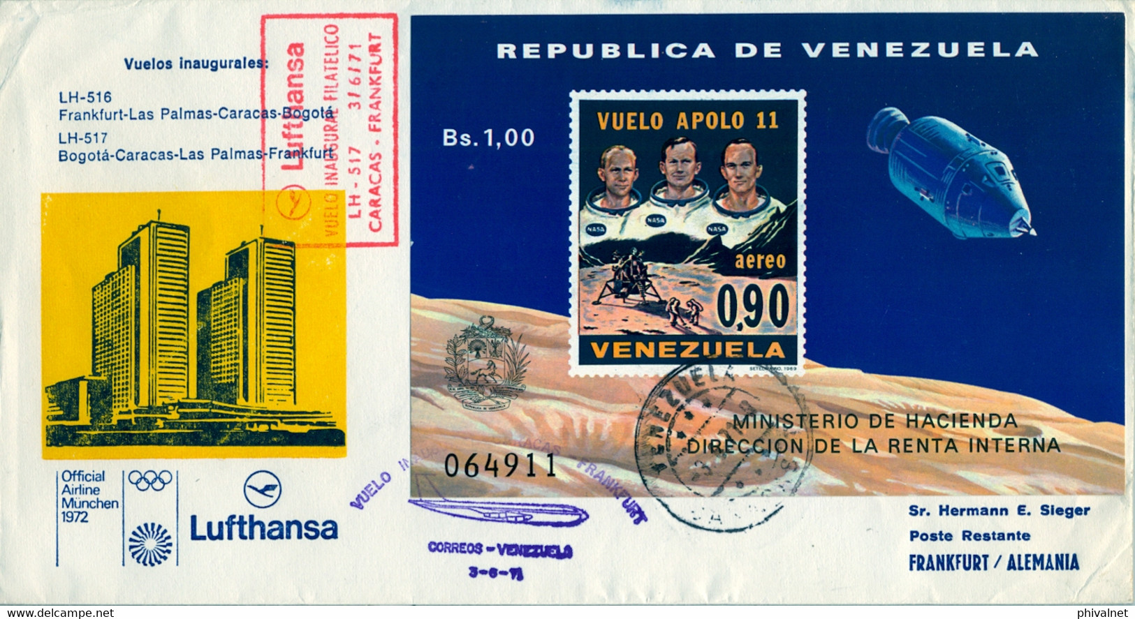 1971 VENEZUELA , SOBRE CIRCULADO , PRIMER VUELO / FIRST FLIGHT - CARACAS - FRANKFURT , LLEGADA , ESPACIO . SPACE - Venezuela