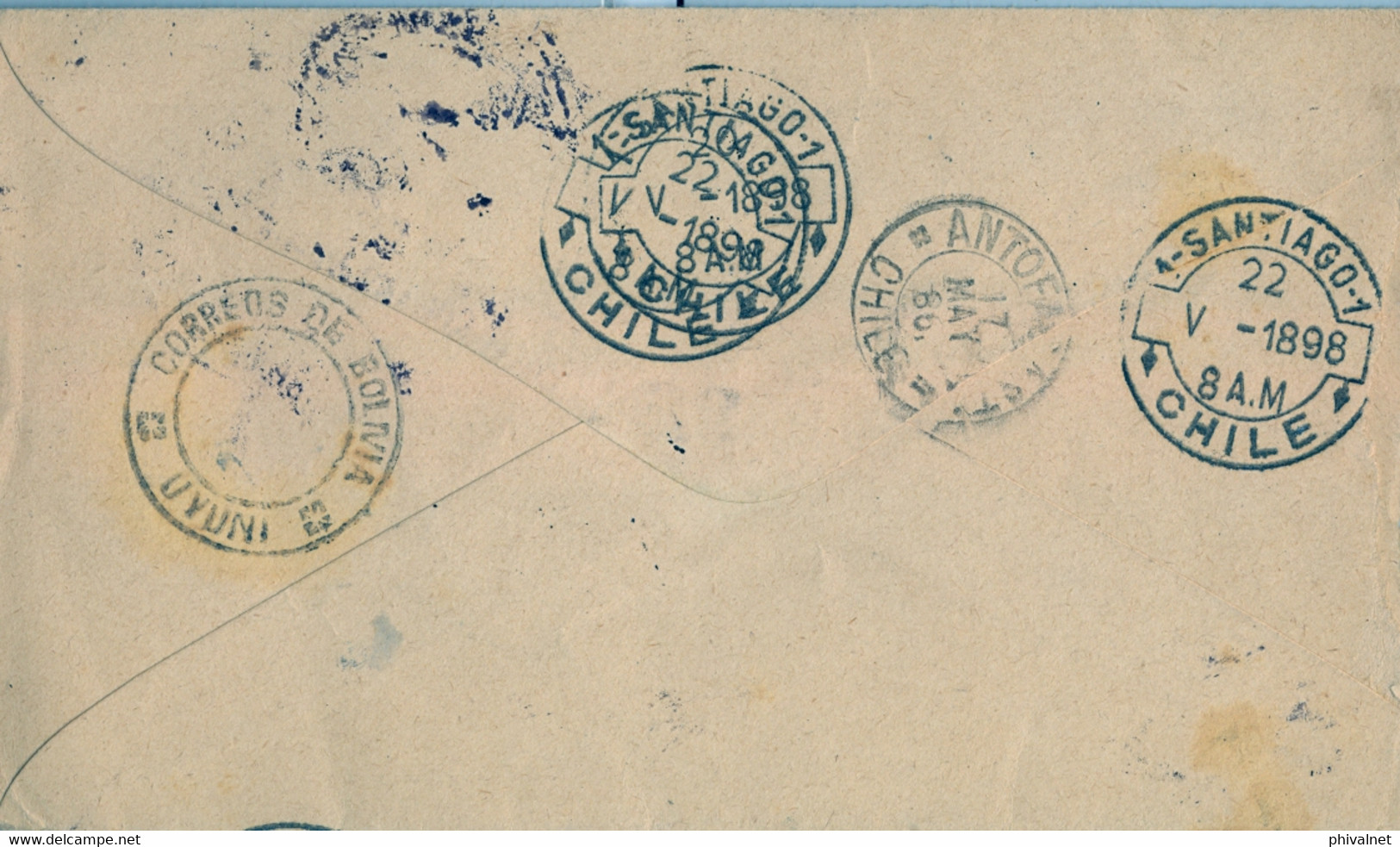 1898 BOLIVIA , ENTERO POSTAL / STATIONERY , CIRCULADO ANTOFAGASTA - SANTIAGO DE CHILE , FR. COMPLEMENTARIO , LLEGADA - Bolivien