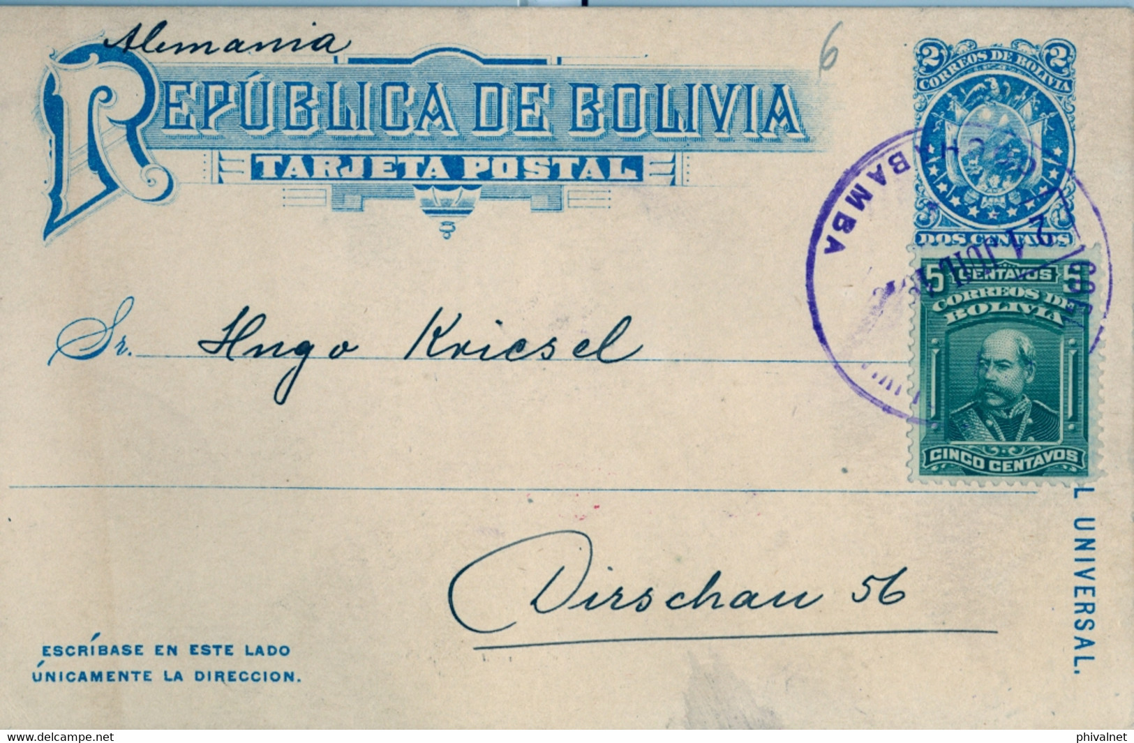 1913 BOLIVIA , ENTERO POSTAL / STATIONERY , CIRCULADO COCHABAMBA - DIRSCHAU ( TCZEW ) , FR. COMPLEMENTARIO - Bolivia