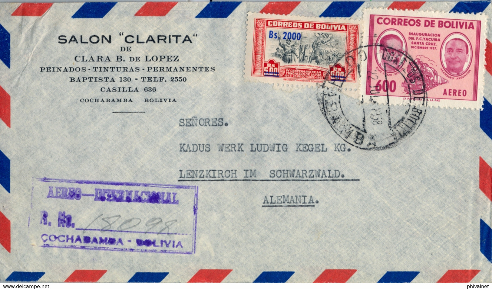 1958 BOLIVIA , SOBRE CERTIFICADO AÉREO INTERNACIONAL COCHABAMBA - LENZKIRCH - Bolivië