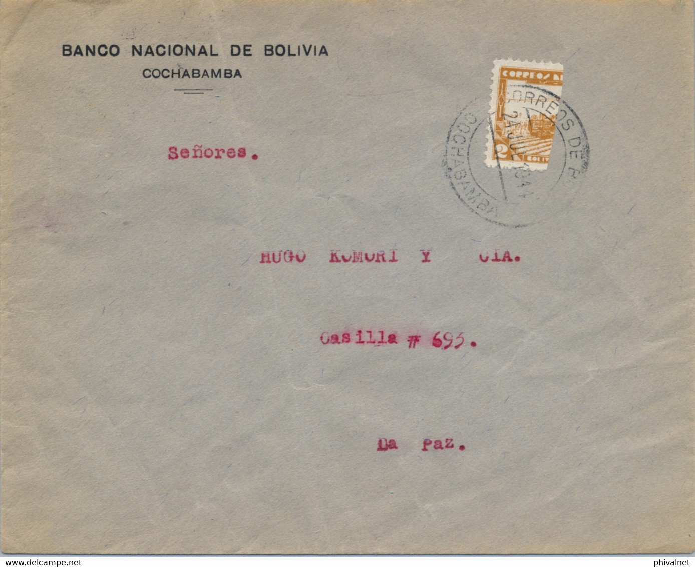 1944 BOLIVIA , SOBRE CIRCULADO DEL BANCO NACIONAL DE BOLIVIA , COCHABAMBA - LA PAZ , LLEGADA , BISECTADO - Bolivië