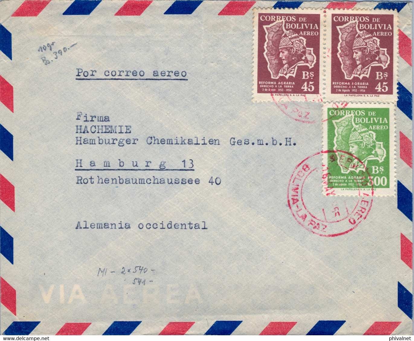 1955 BOLIVIA , SOBRE CIRCULADO ENTRE LA PAZ Y HAMBURGO , CORREO AÉREO , FR. REFORMA AGRARIA - Bolivië