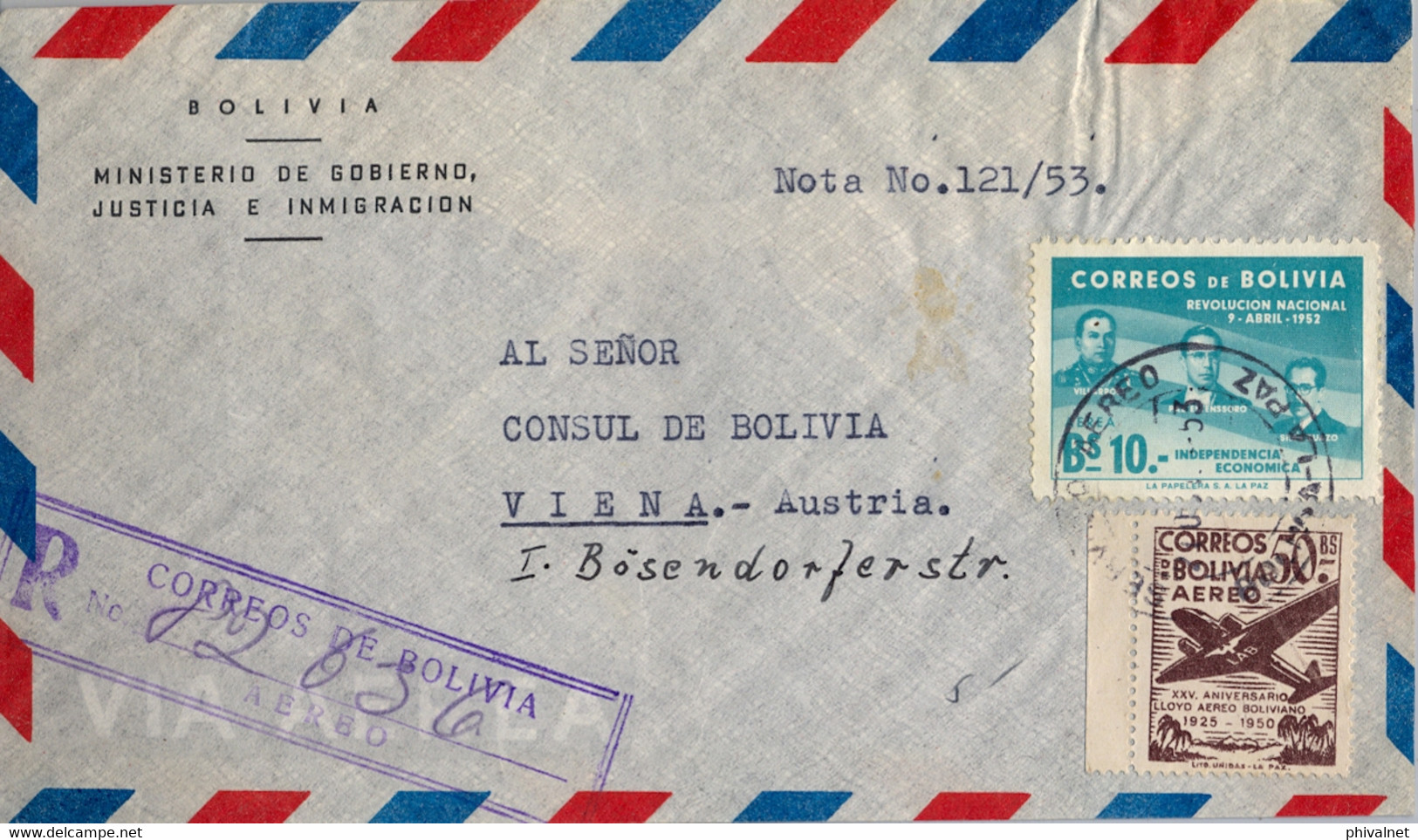 1953 BOLIVIA , SOBRE CERTIFICADO ENTRE LA PAZ Y VIENA , MINISTERIO DE GOBIERNO JUSTICIA E INMIGRACIÓN - Bolivia